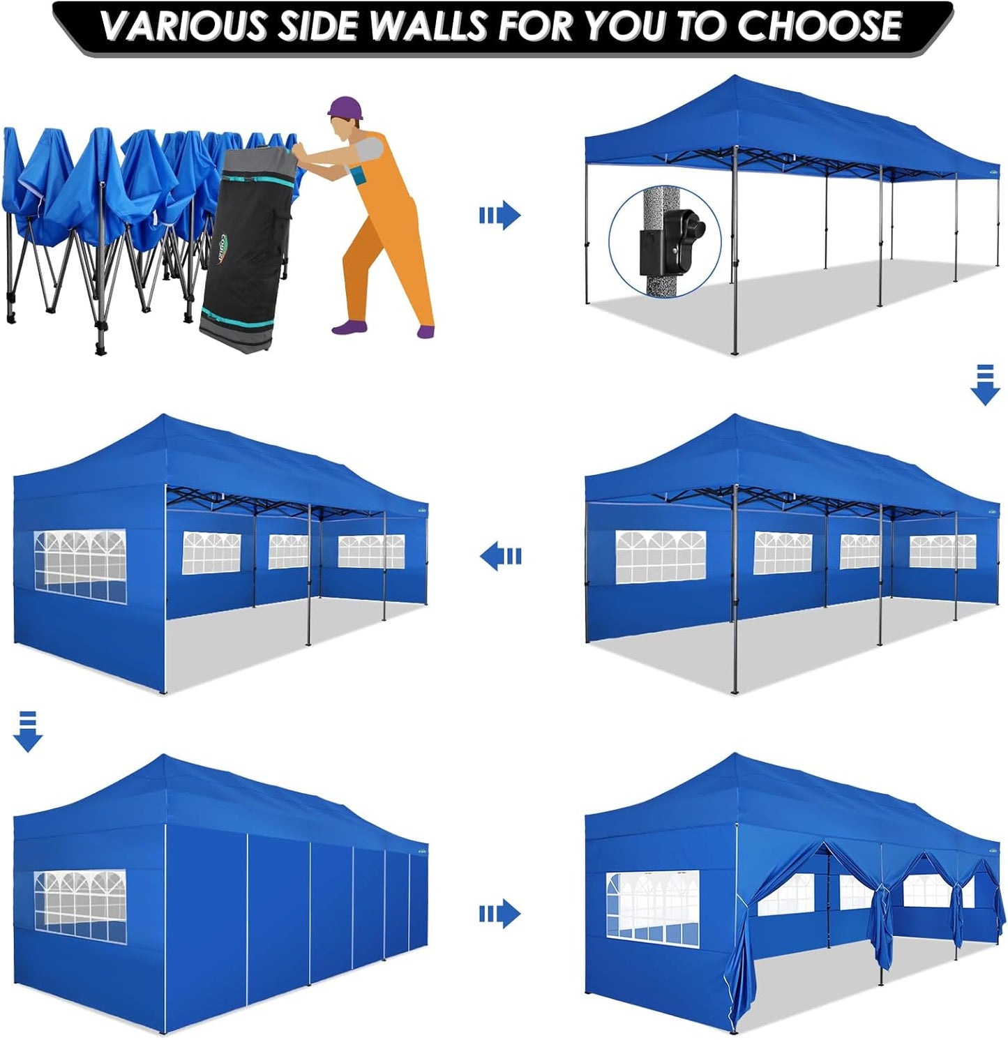 COBIZI 10x30 Pop up Canopy Tent 10x30 Canopy with Sidewalls, Heavy Duty Party Tent Tents for Parties, Foldable UPF 50+ Waterproof Commercial Easy up Canopy with Wheeled Bag, Blue(Frame Upgraded)