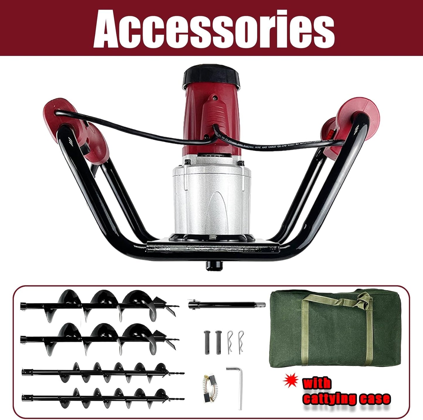 JACKCHEN 1500W Electric Post Hole Digger with Reverse, Double Handle Earth Auger with Storage Bag, 2×6"and 2×4" Auger Bit Earth Auger Drill, Ideal for Installing Fence Post, Drilling, Planting Trees