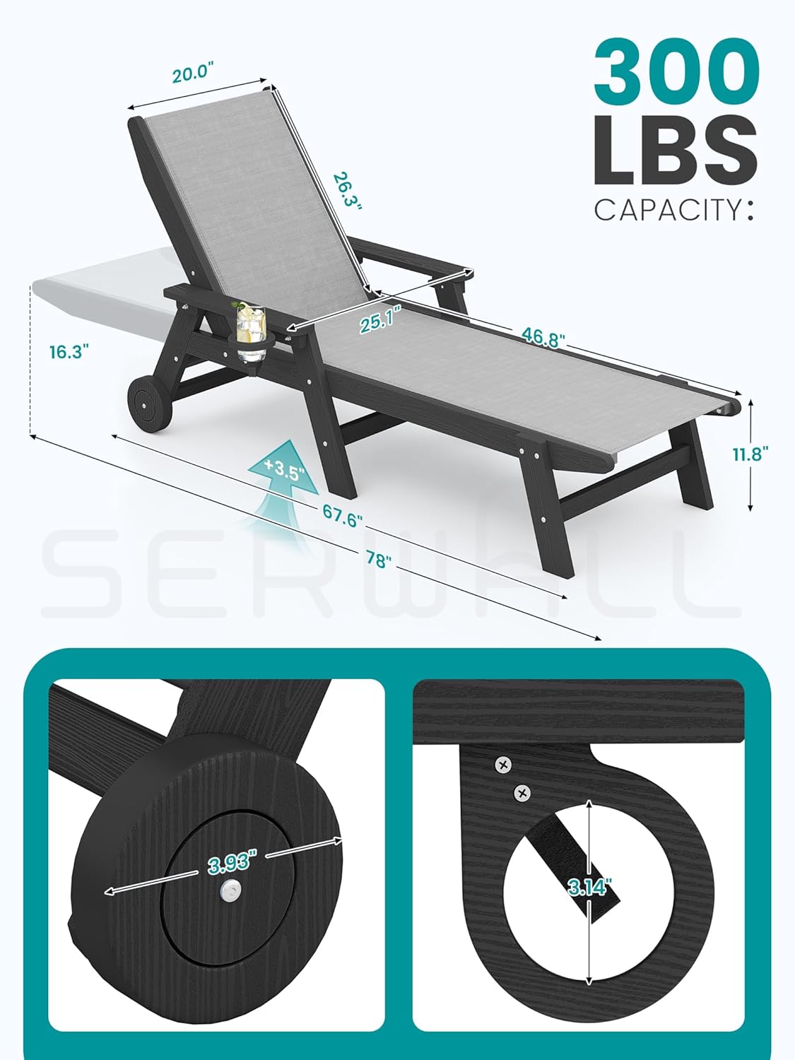 SERWALL Patio Chaise - 5 Position Outdoor Textilene Lounge Chair with Rolling Wheels for Poolside, Deck, Black