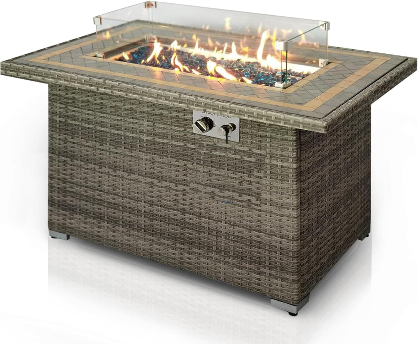 SereneLife Outdoor Propane Fire Pit Table 50000 BTU with Auto Ignition, Glass Wind Guard, Mosaic Tile Top, Clear Glass Rocks, and Weather-Resistant Design for Patio or Backyard
