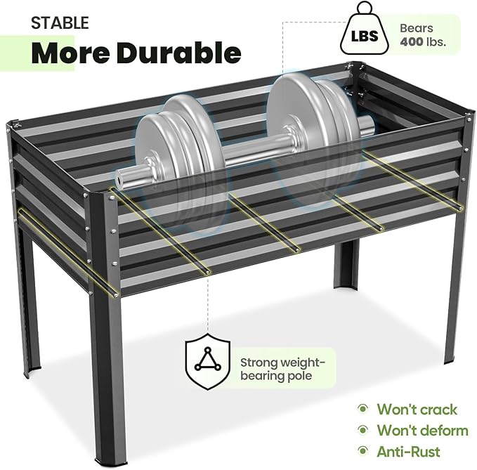 KING BIRD Large Raised Garden Bed with Legs Galvanized Elevated Planter Box 48×24×30 in for Backyard, Patio, Balcony, 400lb Capacity, Dark Grey