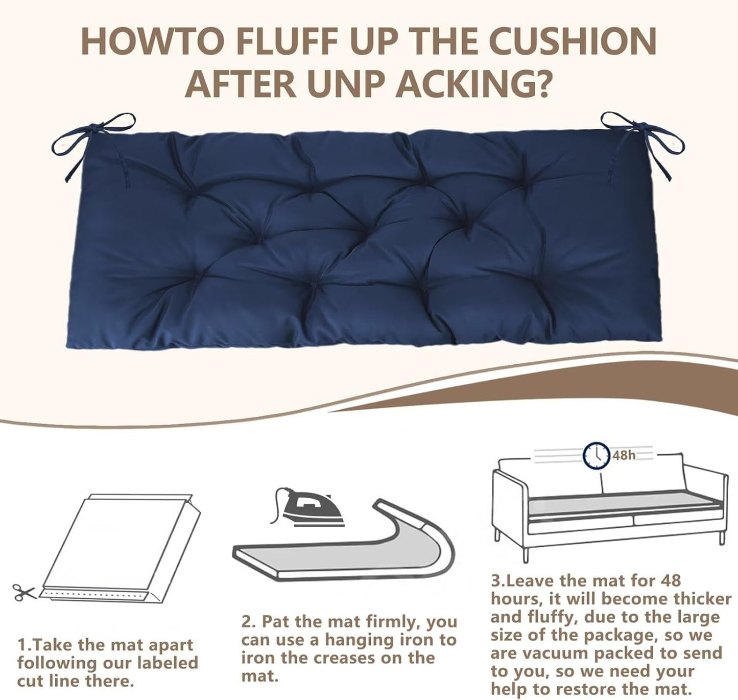 Waterproof Indoor/Outdoor Garden Bench Seat Cushions，Thicken Patio Bench Soft Rocking Chairs Pad Lounger Seat for Wicker Loveseat Settee（39.3x19.6x3.9 inch，Navy）