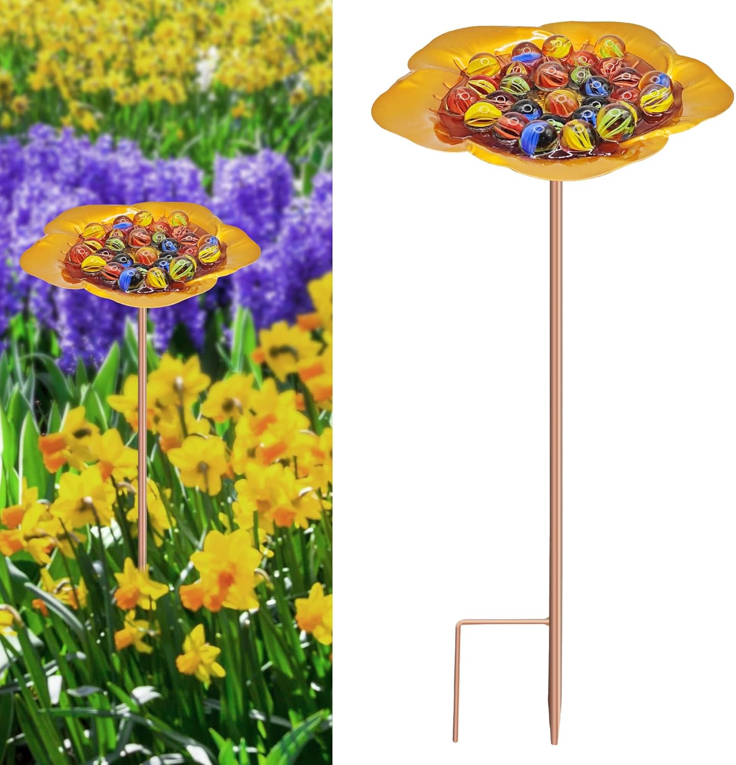 Bee Watering Station-Golden Butterfly Puddler Bee Bath & Feeder with Metal Stakes - 30 Glass Marbles, Vivid Flower Design, Garden Yard Decor (Golden-1PACK)