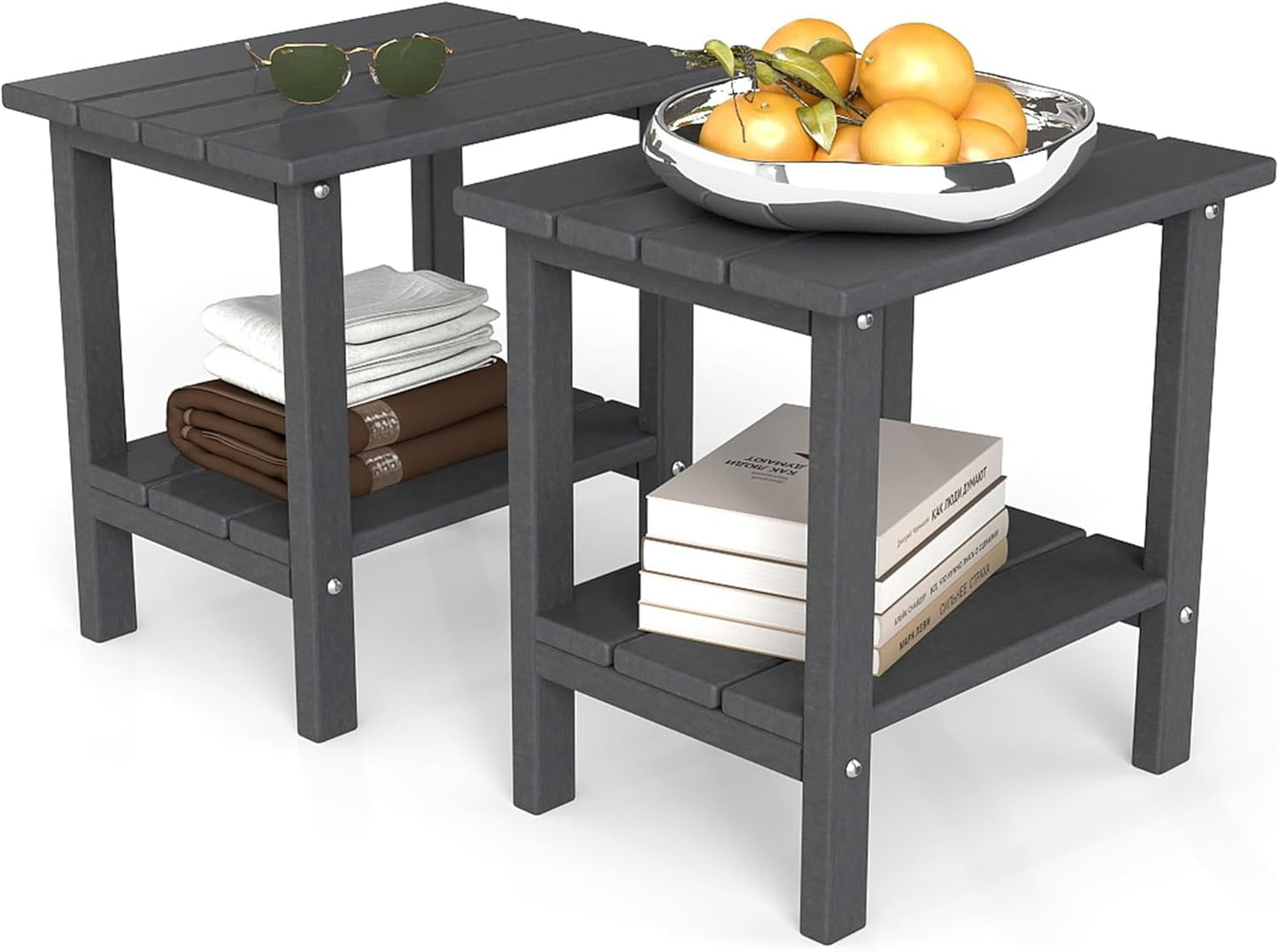 Weather Resistant Outdoor Side Tables Set of 2, Adirondack HDPE Small Outdoor Table, 2-Tier Small Patio Tables for Outside or Indoor,Gray