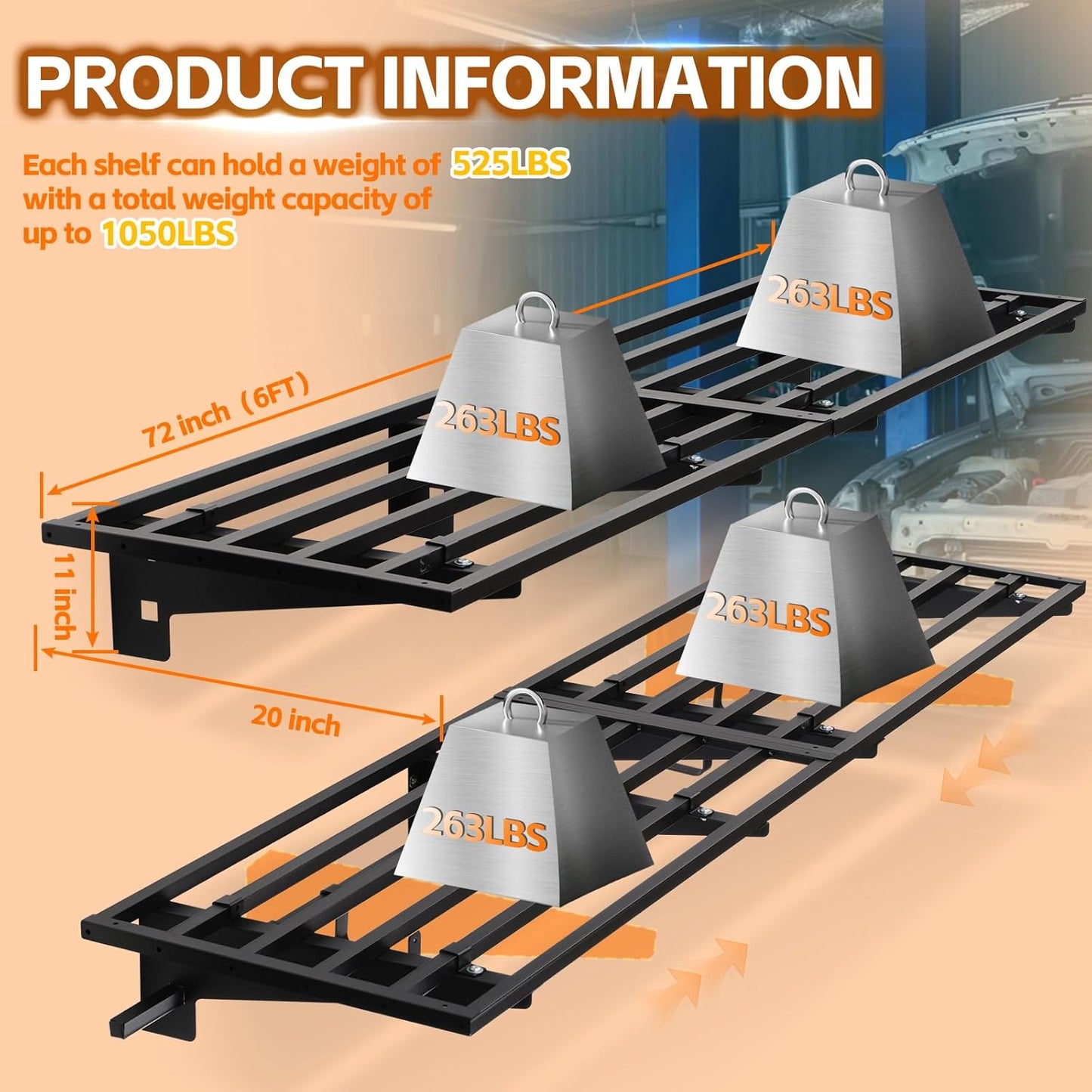 Garage Wall Shelving with Hooks,2-Pack 1.64 x 6ft Garage Wall Shelf,Loads 1050 lbs Heavy Duty Wall Shelves,20” x 72” Garage Shelves Wall Mounted,Black