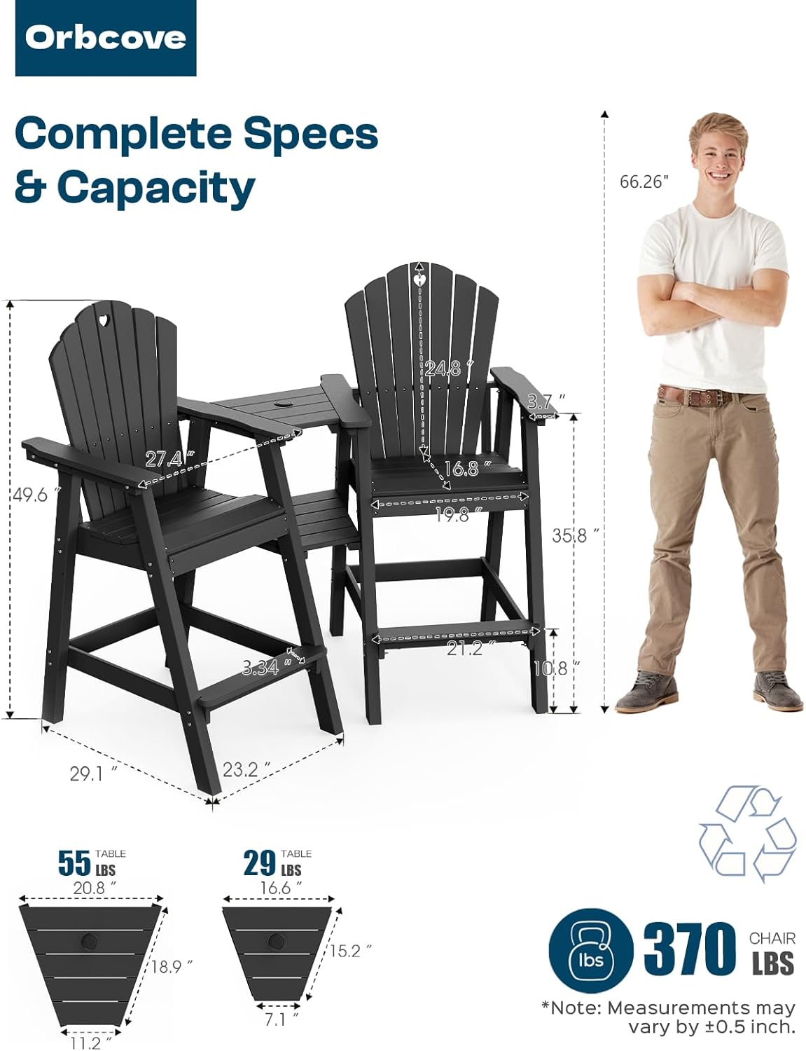 Tall Adirondack Chairs Set of 2 with Double Layer Connecting Table, HDPE Bar Height Outdoor Table and Chairs with Umbrella Hole, All Weather Outdoor Bar Stools for Patio, Deck,Backyard(Black)