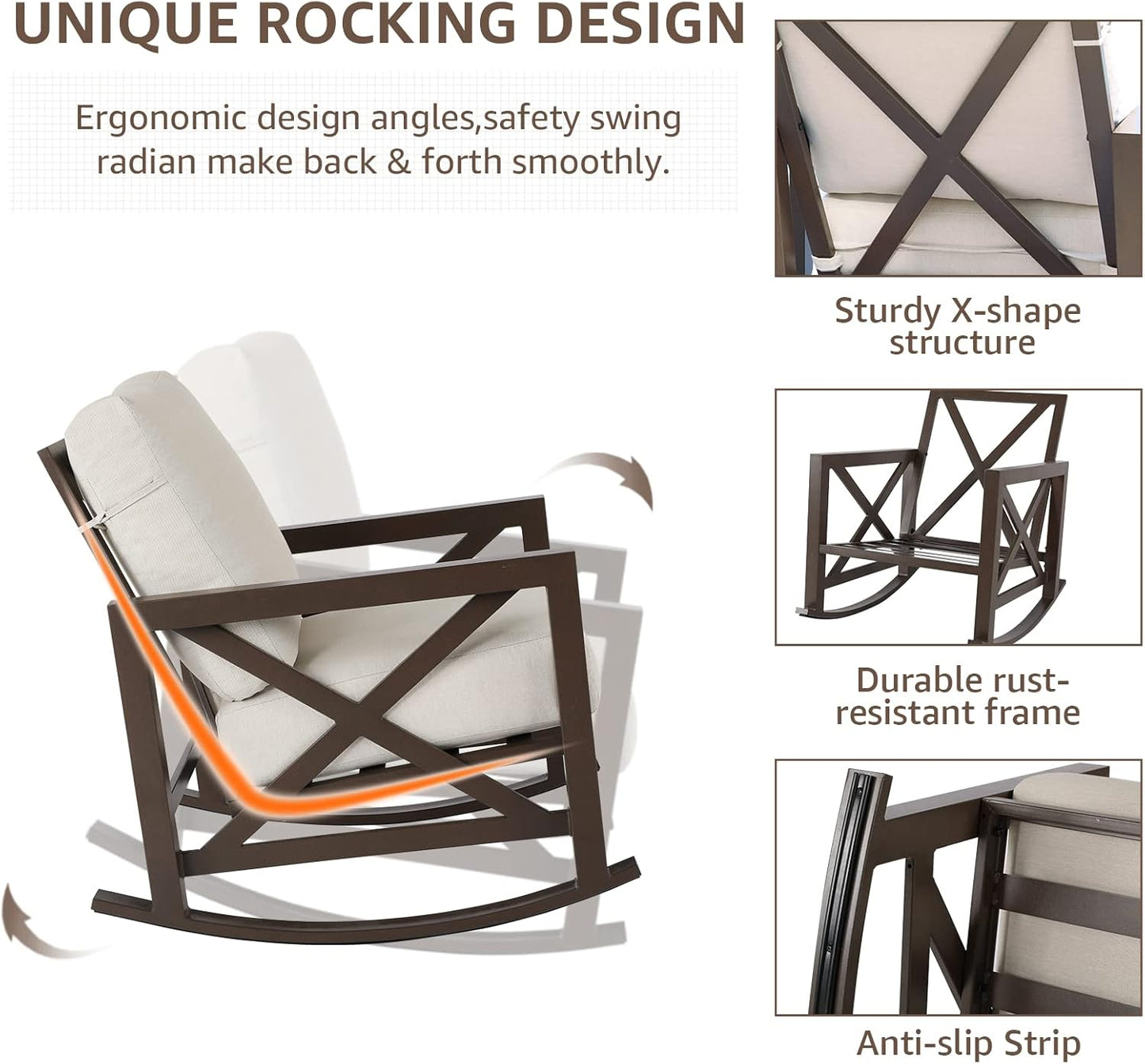 NATURAL EXPRESSIONS Rocking Bistro Set, 3 Piece Outdoor Patio Conversation Furniture Set with 2 Rockers and 1 Metal Coffee Table with Thick Cushions,2 Pack Patio Chair Covers Waterproof