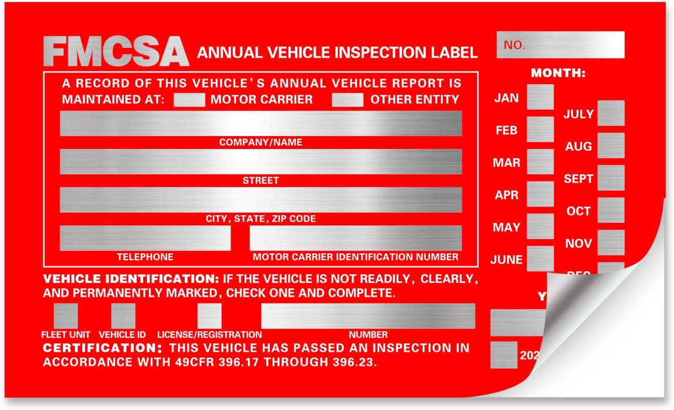Annual Vehicle Inspection Report Form with Red Exterior Aluminum Inspection Label (6"x3.5"), and White Interior Inspection Label (5"x4") 25-pk