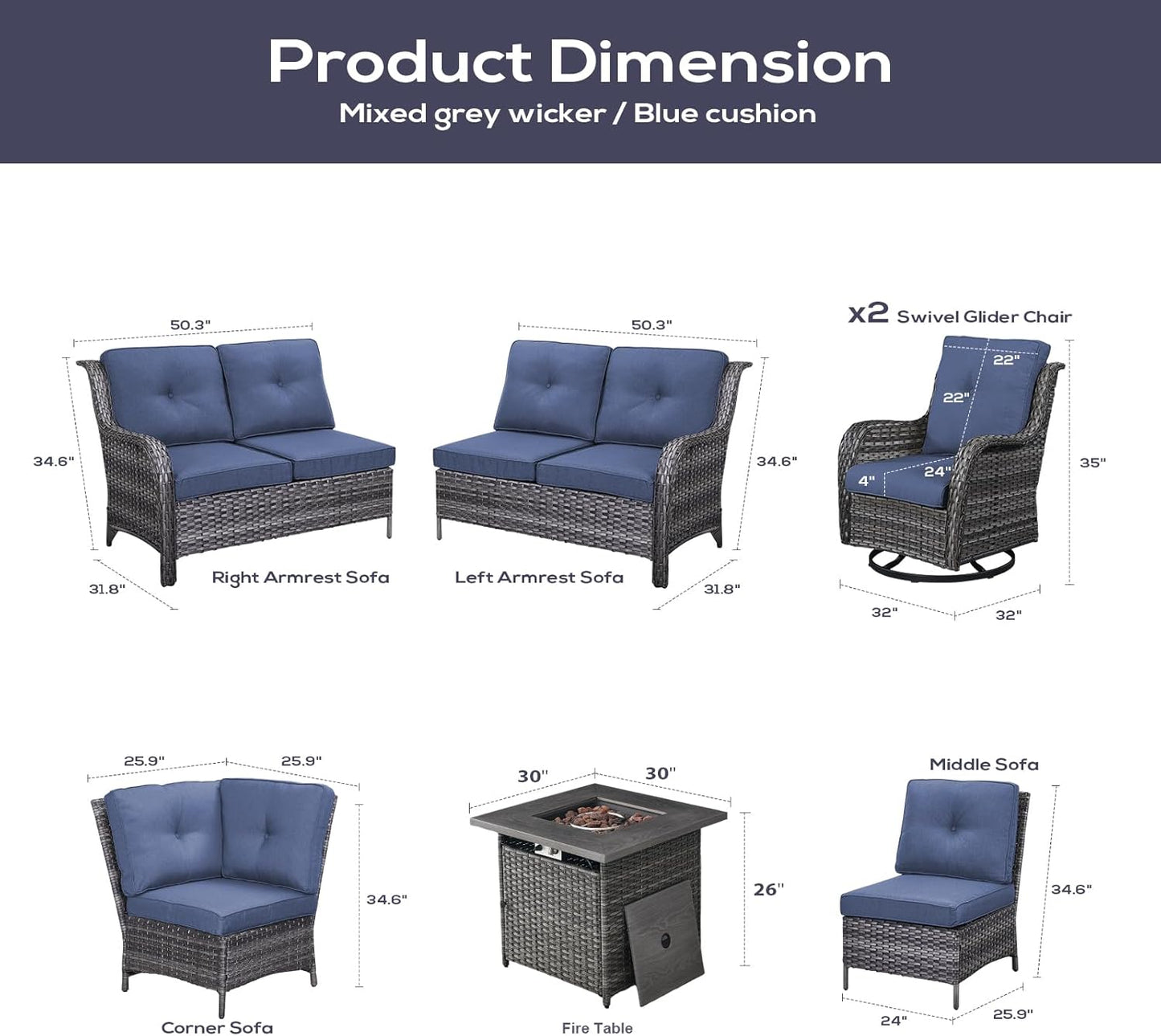 Outdoor Sectional Sofa Furniture Set with 50000BTU Propane Fire Pit Table, Wicker Patio Conversation Set with 2 Swivel Glider Rocker Chairs Blue Cushion Perfect for Backyard Casual Gathering
