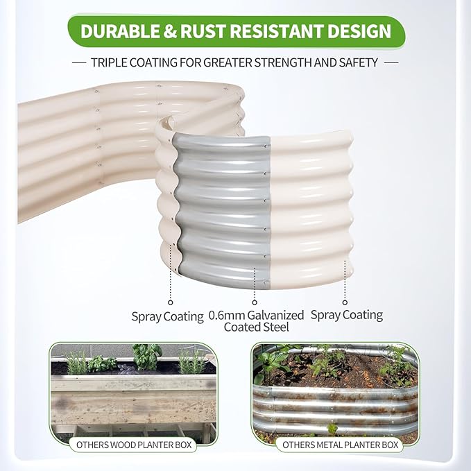 Galvanized Raised Garden Bed - 8x2x1.4FT Metal Planter Boxes Outdoor | Oval Steel Raised Bed Kit for Gardening with Protective Tape, Bracing Rods, Gloves for Vegetables, Flower, Herb (White)