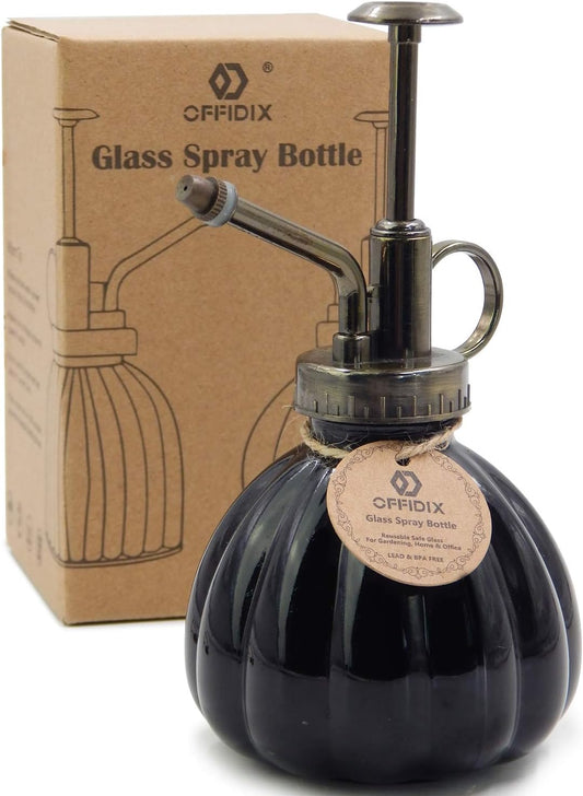 OFFIDIX Plant Mister Flower Watering Can, 6.3" Tall Vintage Pumpkin Style Black Color Glass Spray Bottle & Bronze Plastic Top Pump Ideal for Watering Small Plants Inside Home or Office