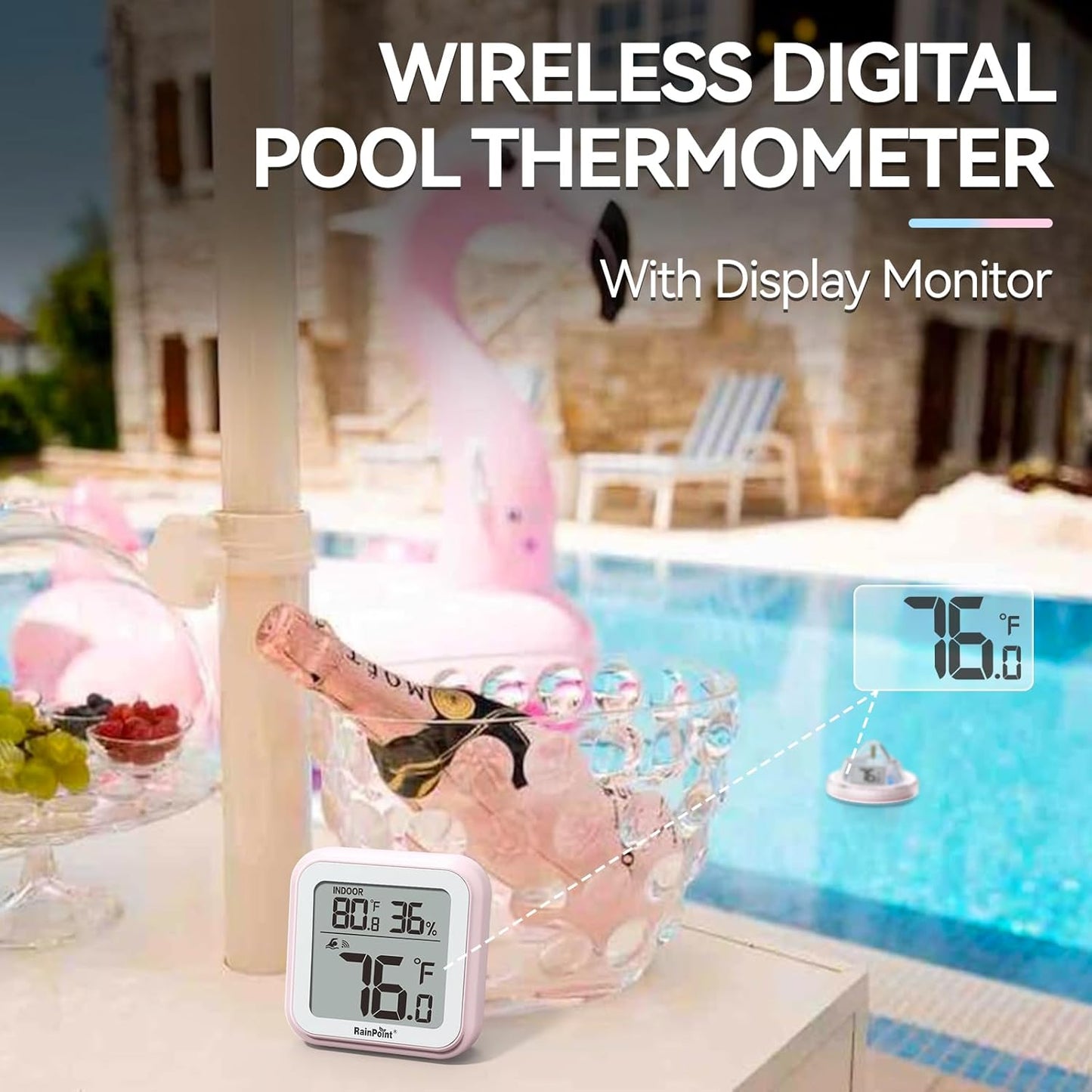 RAINPOINT Anti-Fog 360° Reading 3 Large Letters Displays Wireless Digital Pool Thermometer Floating,Dual-Layer IP68 Waterproofing Remote Temperature Monitor Easy Read Hot Tub SPA Inflatable Pool-Pink
