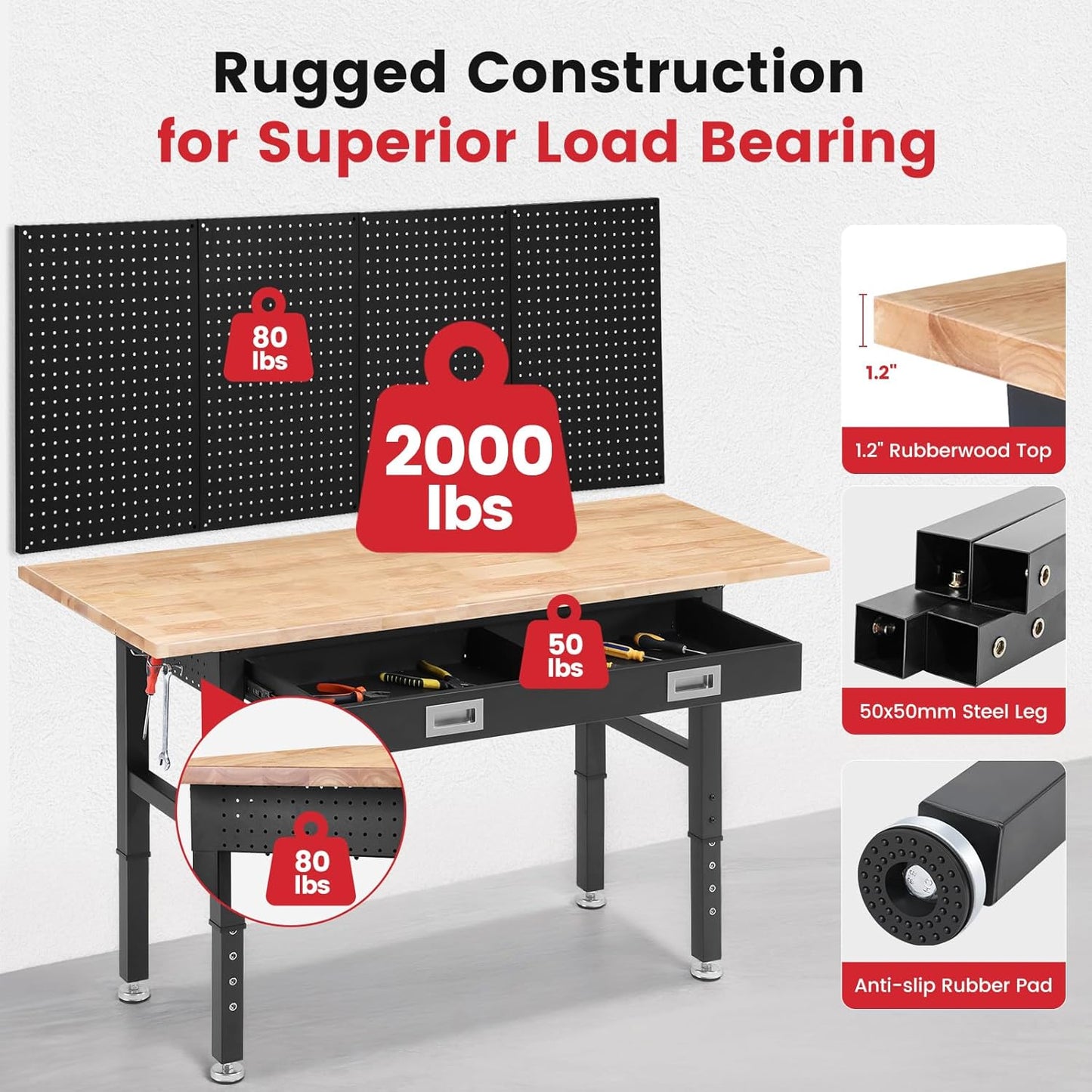 Work Bench with Drawers Adjustable Workbenches for Garage 60 Inch Rubber Wood Top Garage Workbench with Pegboard,Power Outlets for Woodworking, Home, Office, Workshop