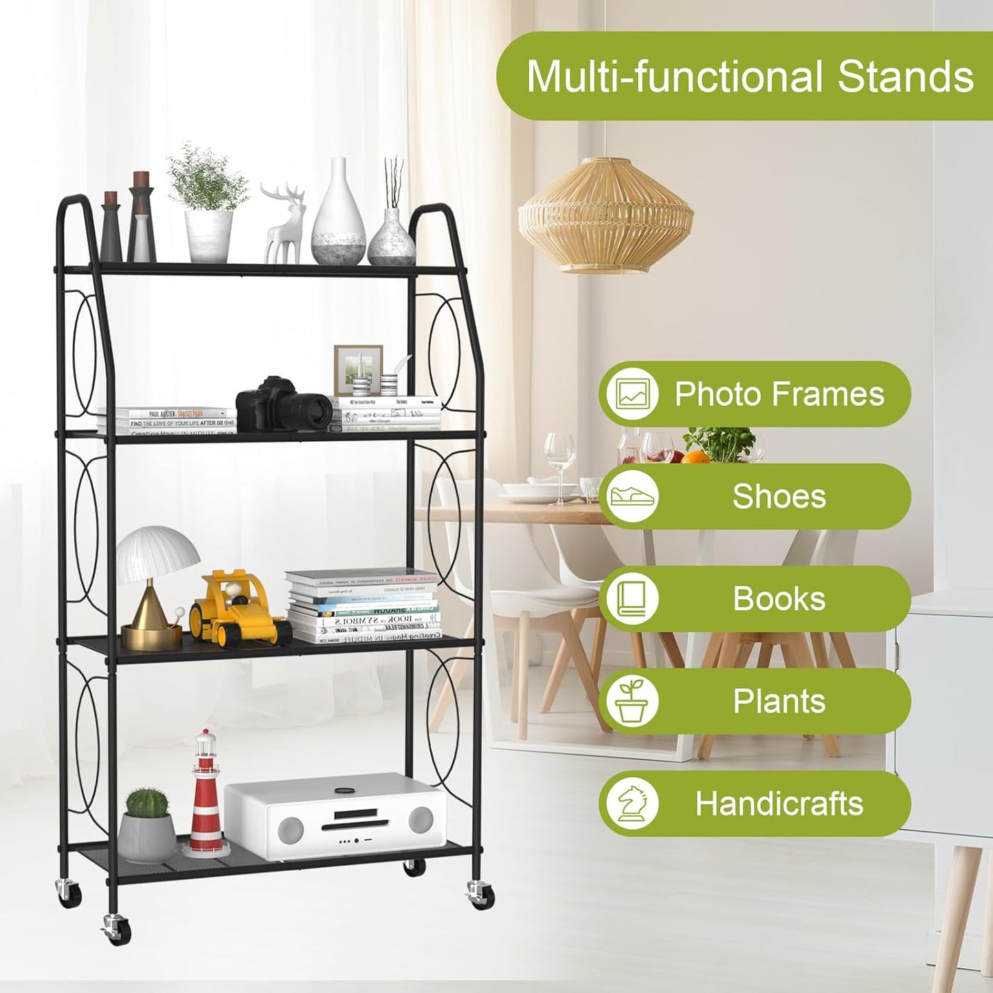 4 Tier Plant Stand with Wheels, Plant Shelf for Indoor Outdoor, Heavy Duty Metal Tall Plant Stands Holder Rack for Living Room Balcony and Garden, Black