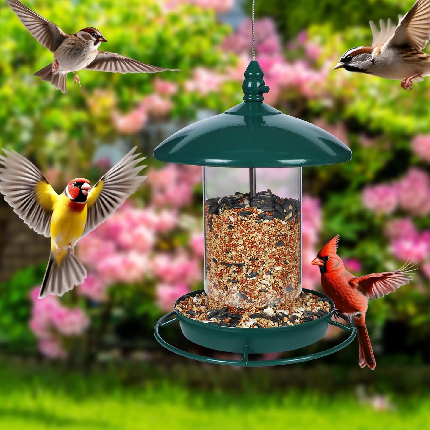 Metal Bird Feeder for Outside Hanging,Wild Bird Feeders for Cardinal, Large Roof and Tray - 6 Port