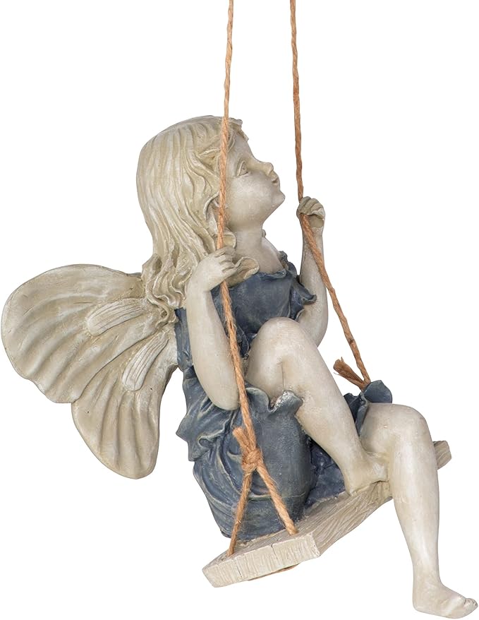Design Toscano EU42046 Summertime Fairy on a Swing Hanging Statue, 11 Inch, Polyresin, Two Tone Stone