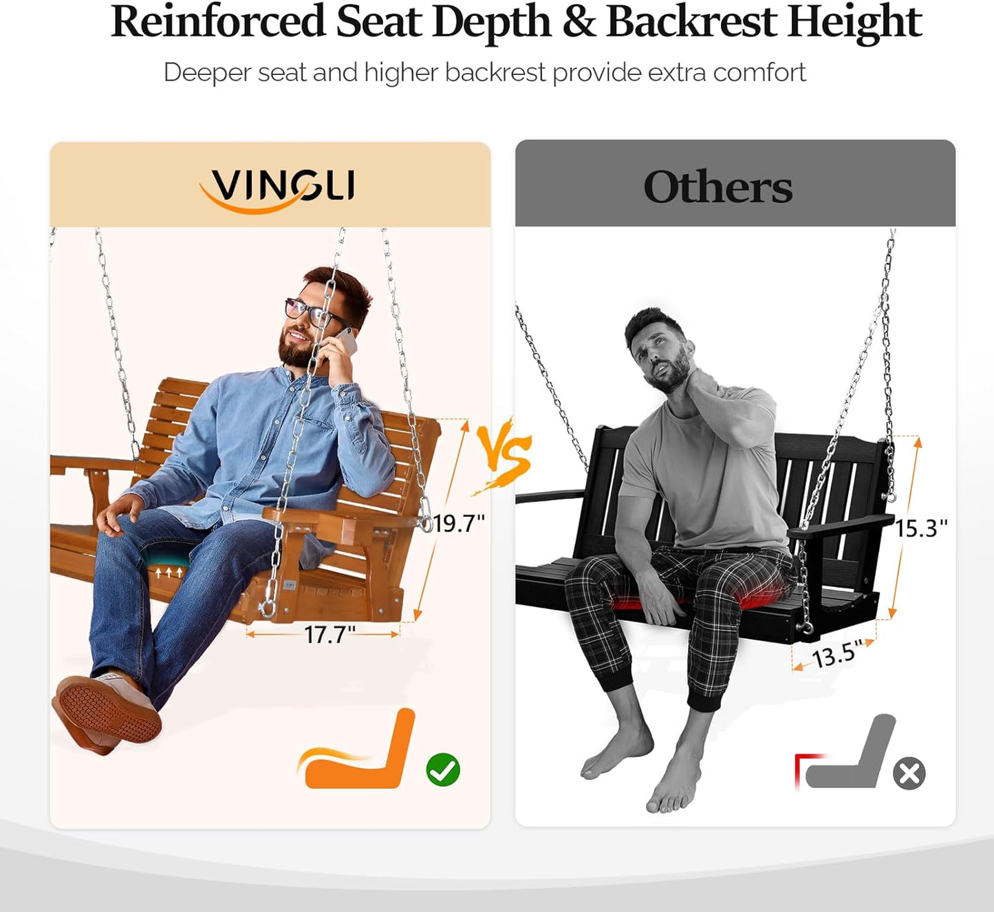 VINGLI XL Size Patio Wooden Porch Swing Outdoor with Cup Holders, Heavy Duty 880 LBS Hanging Swing Chair Bench with Hanging Chains for Yard, Lawn, Garden (4 FT Pro, Brown)