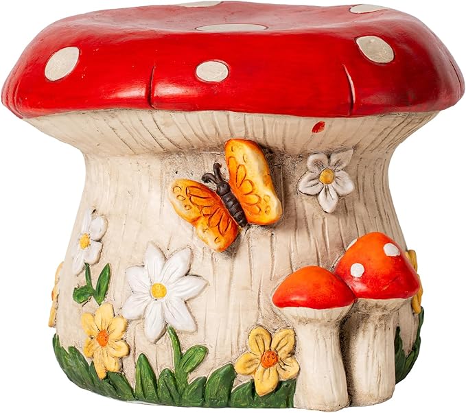 14''W Mushroom House Statue Outdoor Statues Garden Resin Stool Over-Sized Sculpture Forest Pedestal Spring Decor for Home Courtyard Lawn Patio Summer Ornament Indoor Stool