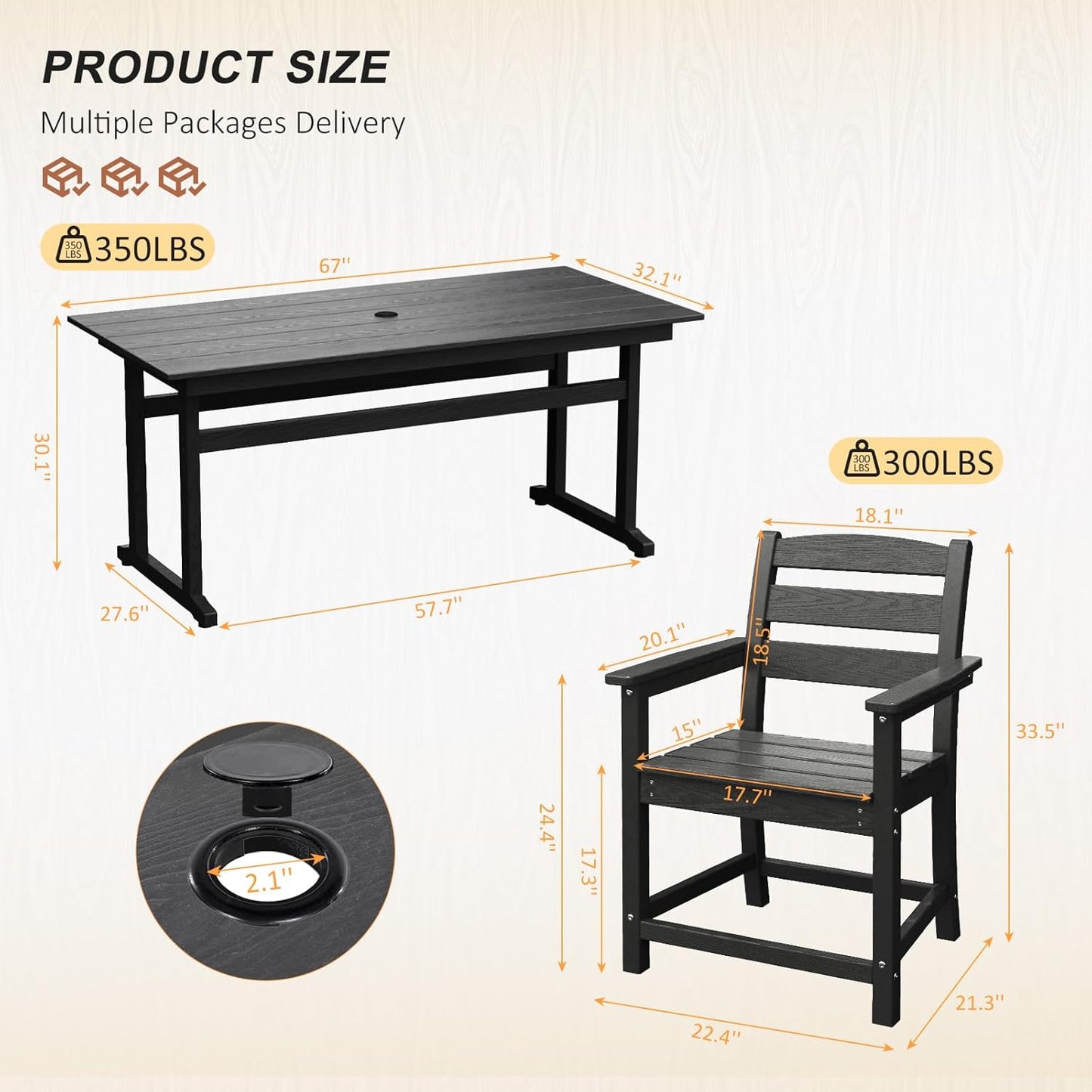7pcs Outdoor Dining Set, HDPE Patio Dining Set for 6, All-Weather Outdoor Table and Chairs with Umbrella Hole & Adjustable Pads, Modern Patio Furniture Set for Backyard, Poolside &Lawn (Black)