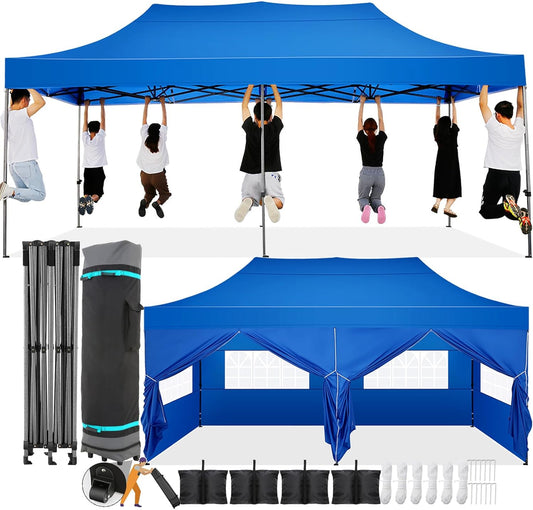 COBIZI 10x20 Pop Up Canopy with 6 Sidewall,Heavy Duty Canopy UPF 50+ All Season Wind Waterproof Commercial Outdoor Wedding Party Tents for Parties Gazebo with Roller Bag(10 x 20 ft Blue)
