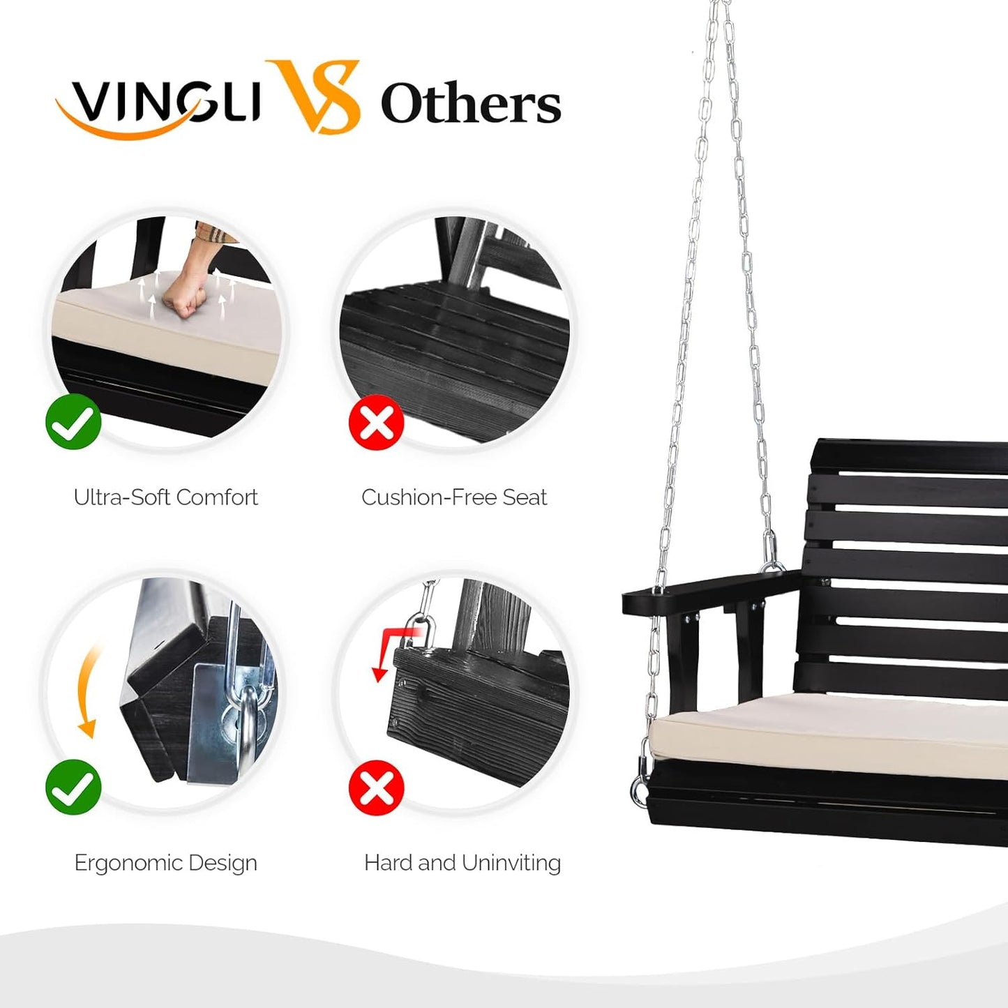 VINGLI Outdoor 4 FT Porch Swing, Heavy Duty 880 LBS Wooden Patio Swings with Cushions, Farmhouse Style Hanging Bench with Adjustable Chains for Yard | Garden | Lawn | Balcony, Black