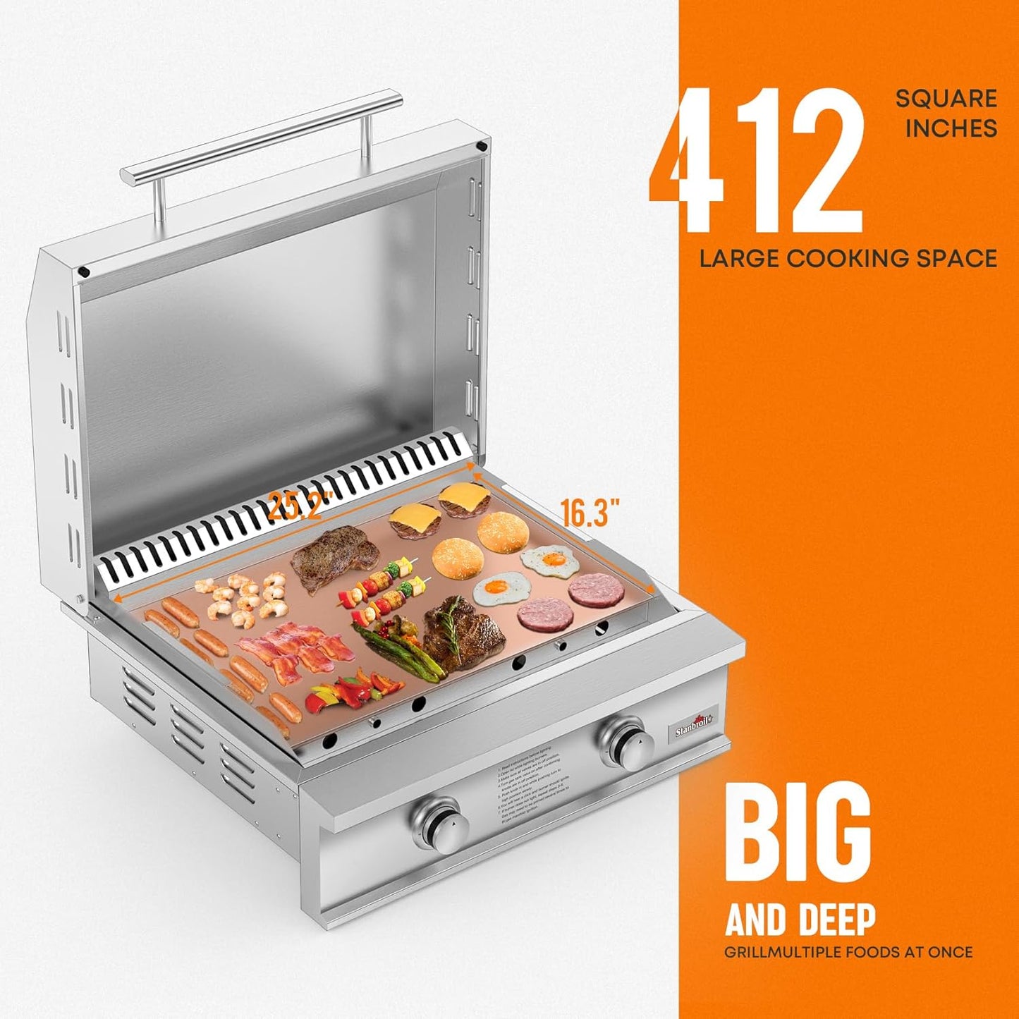 Stanbroil 28-Inch Premium Built-In Natural Gas Griddle for Outdoor Kitchen Grill, Durable Stainless Steel 2-Burner Flat Top Grill with Lid for BBQ Island, 34,000 BTUs