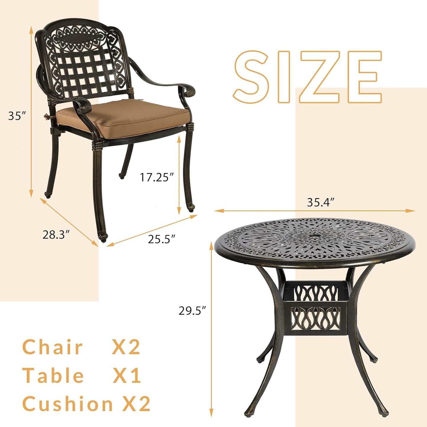 3-Piece Outdoor Patio Dining Set, All-Weather Cast Aluminum Patio Furniture Set for Backyard Garden Deck with 2 Cushioned Chairs and 35.4” Round Table, 2" Umbrella Hole