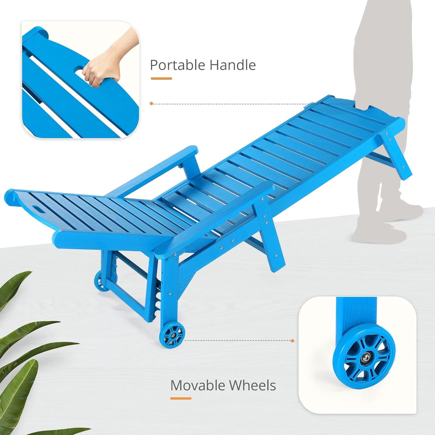 LUE BONA Chaise Lounge Chair with Table, 2-Piece, 79'' Oversized HDPS Chaise Lounger, 5 Positions Adjustable Lounge Chairs, Pool Lounge Chair with Wheels for Poolside, Backyard, 3 Year Warranty, Blue