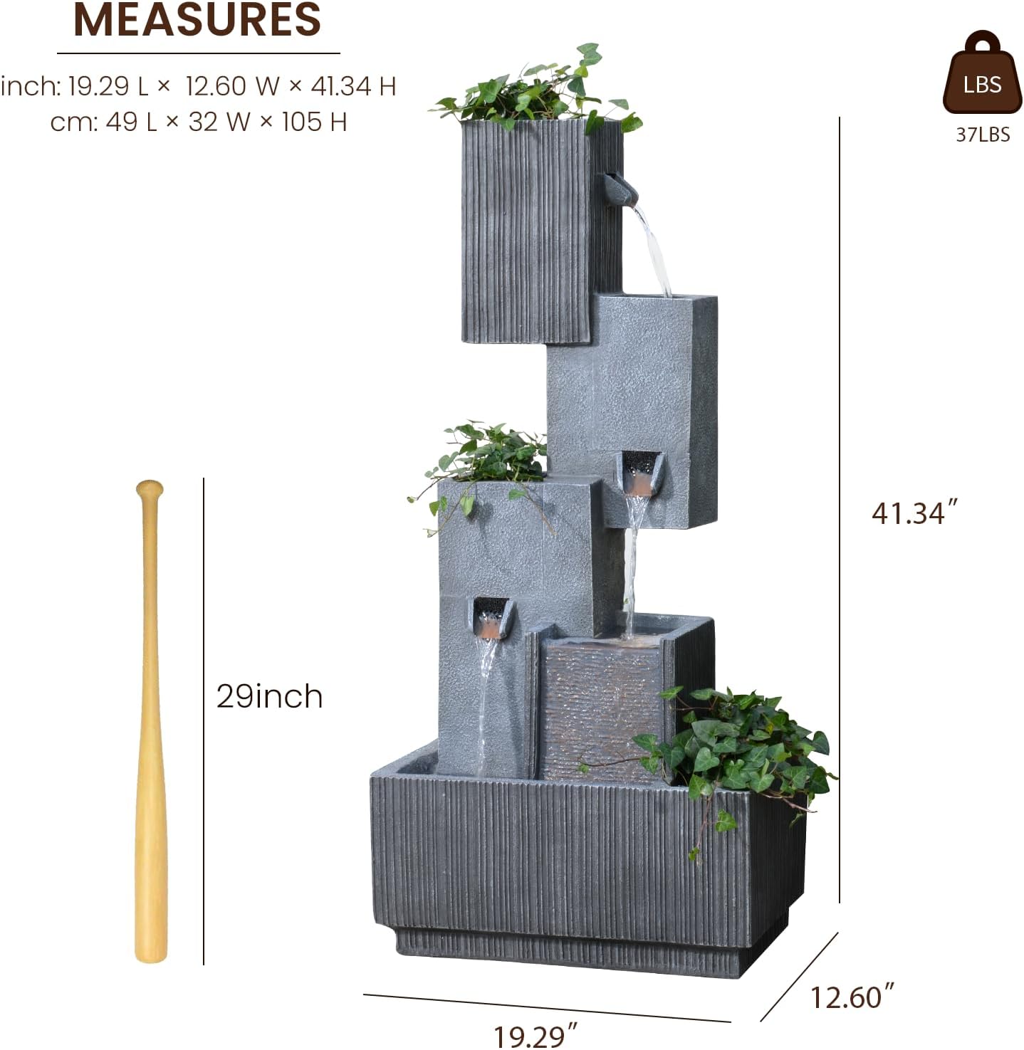 42" H Outdoor Water Fountain Garden Waterfalls - Large Water Feature Geometric Stacking Waterfall Fountains Planter with Lights for Patio Backyard Deck Porch Deck and Home Decor, Gray