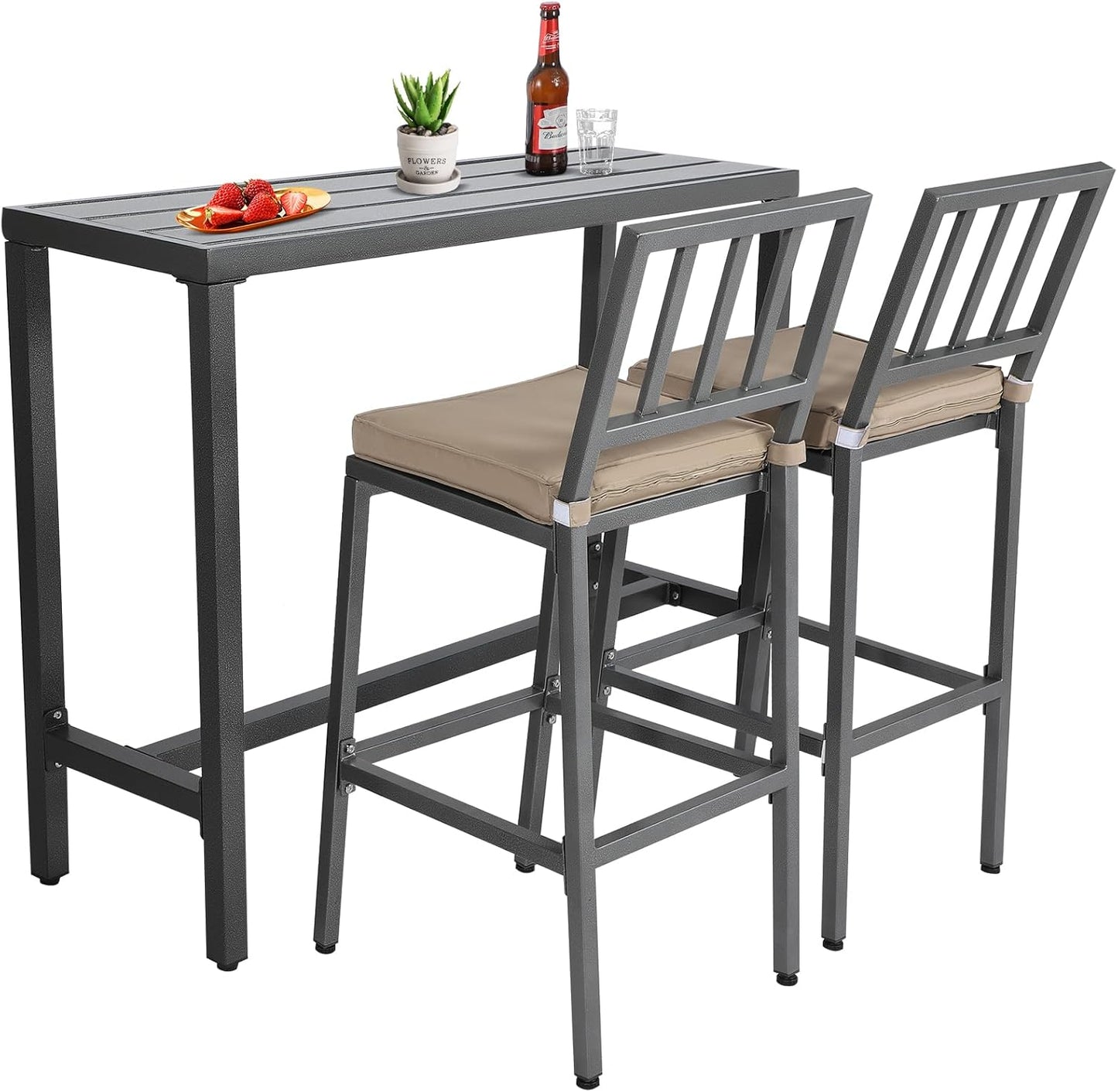 Outdoor Patio Bar Set, Bar Height Patio Dining Set, Weather-Resistant Bistro Counter Pub Set with Cushions & Slatted Tabletop for Backyard (Gray, 47" Table, 2 "I Style Stool)