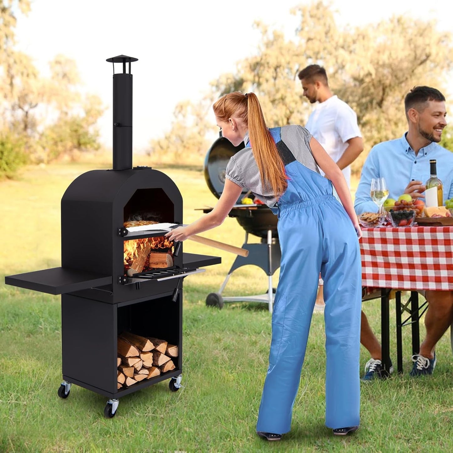HAPPYGRILL Outdoor Wood Fired Pizza Oven w/Firewood Storage, Side Shelves, Patio Pizza Maker wi/Pizza Stone & Peel, 2 Cooking Grills & Thermometer, Portable Pizza Stove for Backyard Party Camping