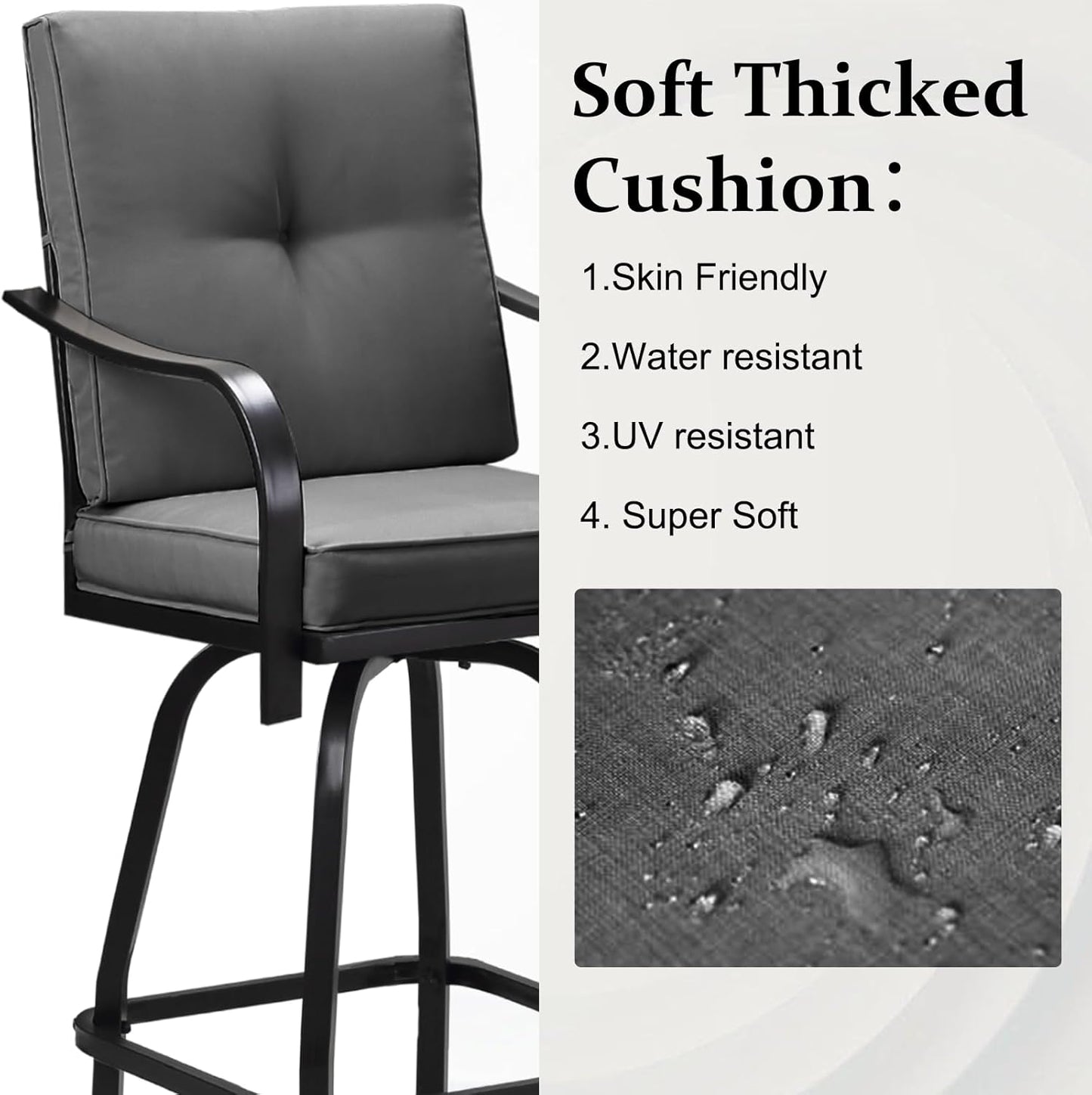 Patio Swivel Bar Stools, Outdoor High Back Swivel Bar Stool Chair Set of 2 with Cushion & All Weather Steel Frame, Dark Gray