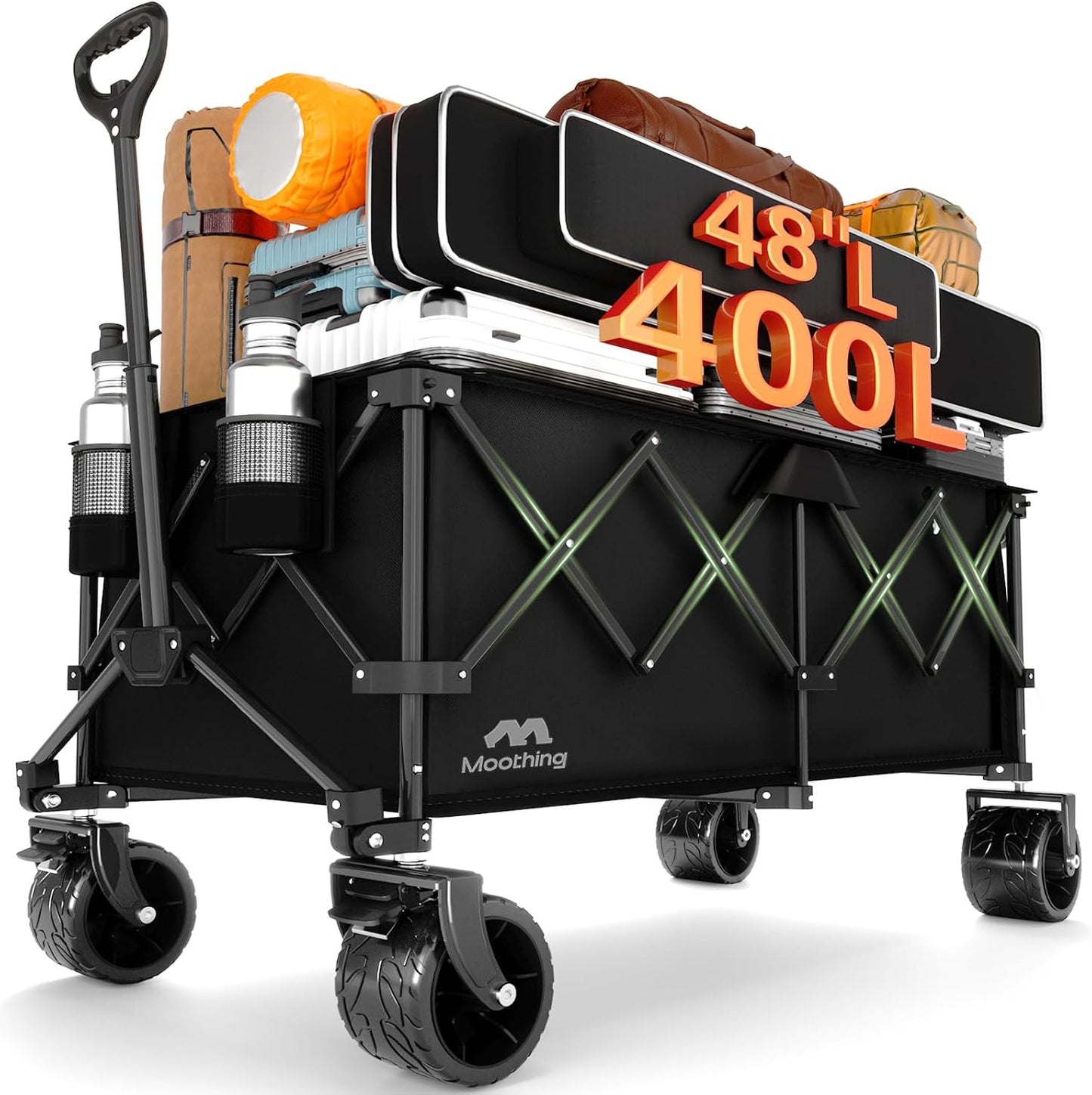 48”L Foldable Wagons Carts Extended, Collapsible Folding Wagon 500lbs Heavy Duty, 320L Large Beach Wagon, Utility Wagon with All Terrain Big Wheels for Sports, Camping, Grocery, Garden, Black