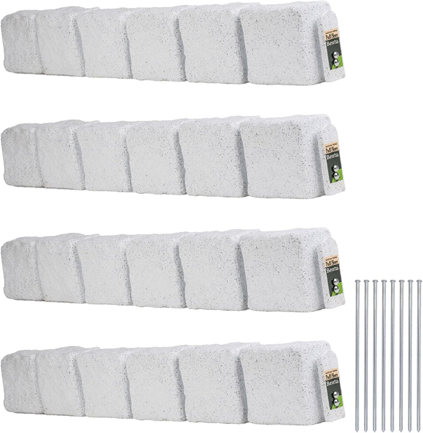 Beuta Landscape Edging | Garden Edging Border | Faux Stone Blocks for Lawn Edging, Flower Beds & Yard Edging – 4 Pack | Each Section Has 6 Blocks 48" L x 4" W x 6.5" H | 8 Spikes | Limewash