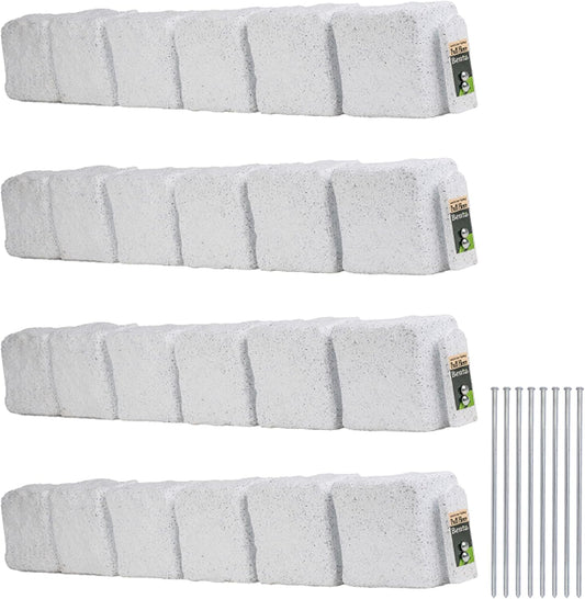 Beuta Landscape Edging | Garden Edging Border | Faux Stone Blocks for Lawn Edging, Flower Beds & Yard Edging – 4 Pack | Each Section Has 6 Blocks 48" L x 4" W x 6.5" H | 8 Spikes | Limewash