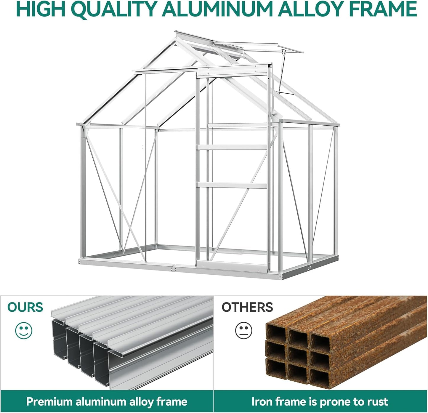 YITAHOME 6x4FT Polycarbonate Greenhouse Heavy Duty Green Houses Outdoor Aluminum Greenhouses with Sliding Doors Vent Window Walk-in Greenhouse Large Sun House for Garden Backyard, Sliver