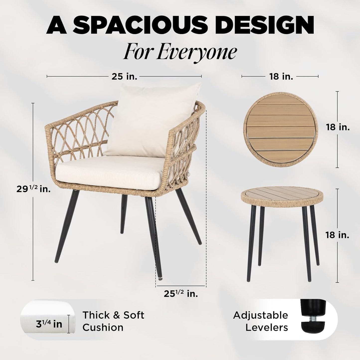 IDZO Heavy Duty 500lbs Weight Capacity Wicker Bistro Table and Chairs Set of 2 with Olefin Fabric Soft Cushions