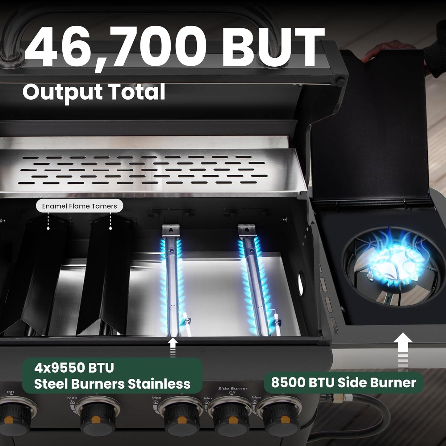 2 in 1 Propane Gas BBQ Grill with Side Burner & Porcelain-Enameled Cast Iron Grate, 4-Burner Flat Top Griddle, 46,700 BTU Outdoor Barbecue Propane Griddle Grill Combo for Camping, Patio, Backyard