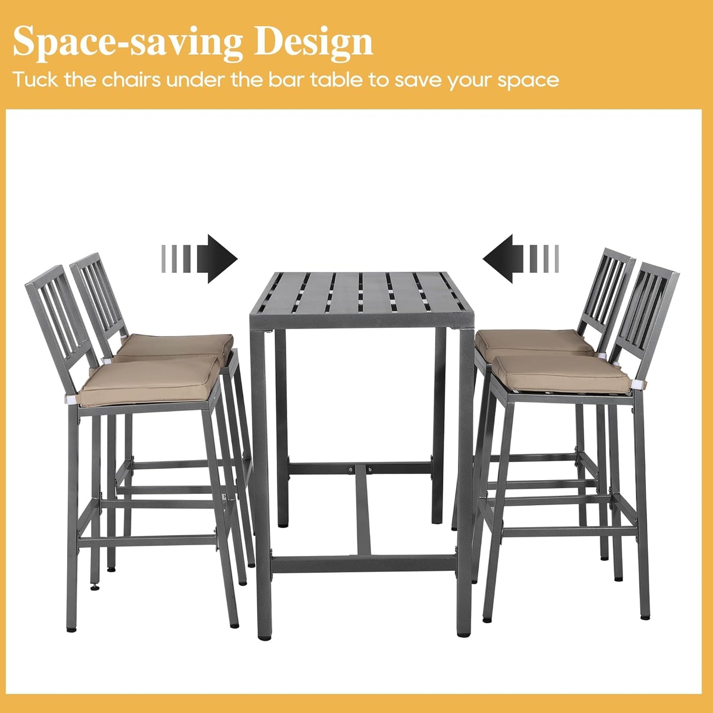 Outdoor Patio Bar Set, Bar Height Patio Dining Set, Weather-Resistant Bistro Counter Pub Set with Cushions & Slatted Tabletop for Backyard (Gray, 47" Wide Table, 4 "I Style Stool)