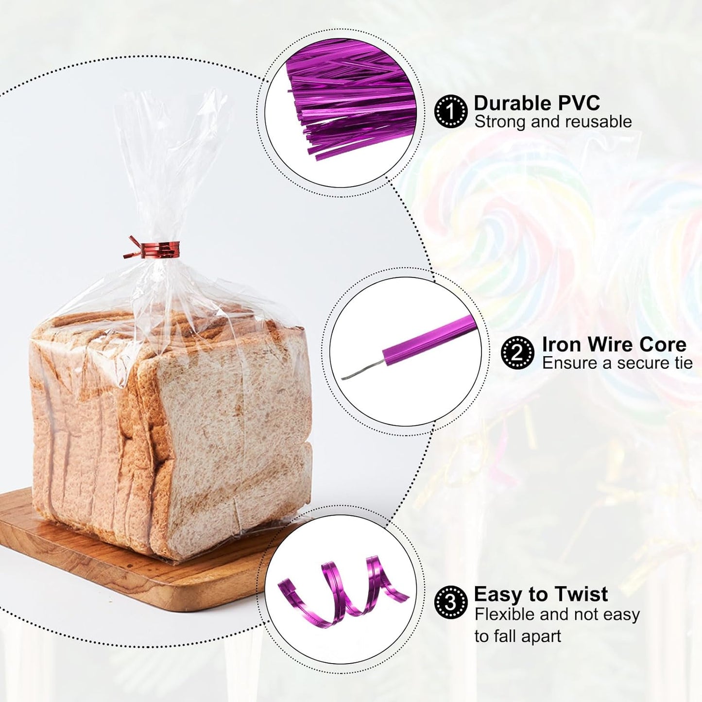 HARFINGTON 800pcs Bag Twist Ties 4" Reusable Plastic Metallic Twist Ties Wire Cable Ties for Party Bread Candy Cake, Pink