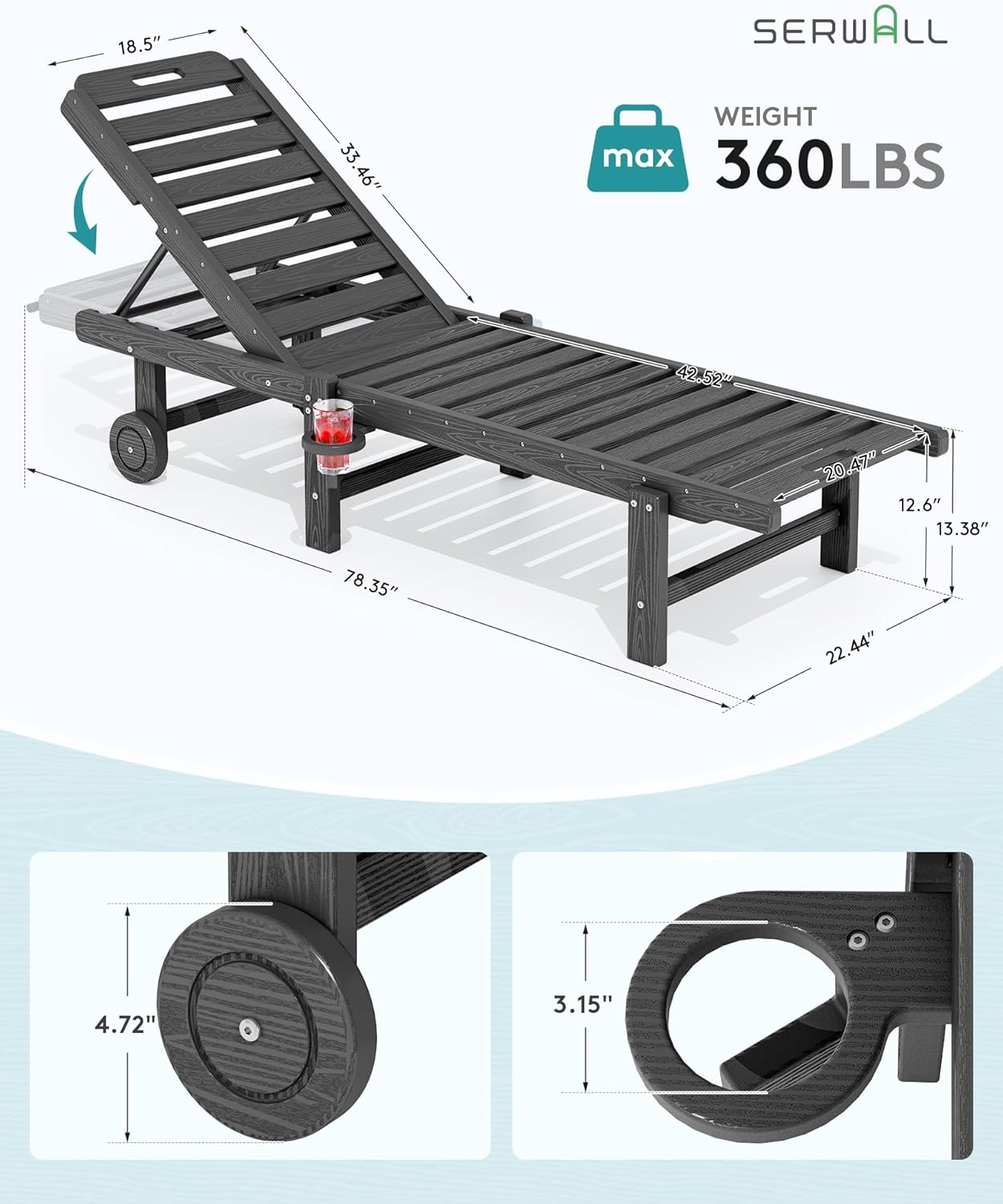 SERWALL Patio Lounge Chairs Set of 2, HDPE Outdoor Chaise Lounge with Cup Holder, 5 Positions Adjustable Pool Lounge Chair with Rolling Wheels for Poolside, Deck, Sunbathing, Grey