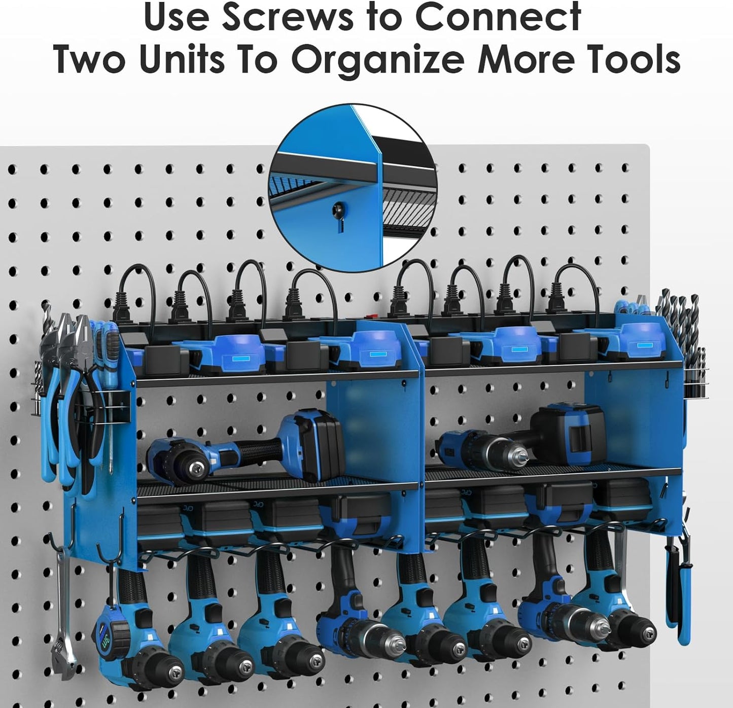 CCCEI Set Power Tool Organizer Wall Mount with Charging Station. Garage 4 Drill Storage Shelf with Hooks, Heavy Duty Metal Tool Battery Charger Organizer. Shop Utility Rack with Power Strip Blue.