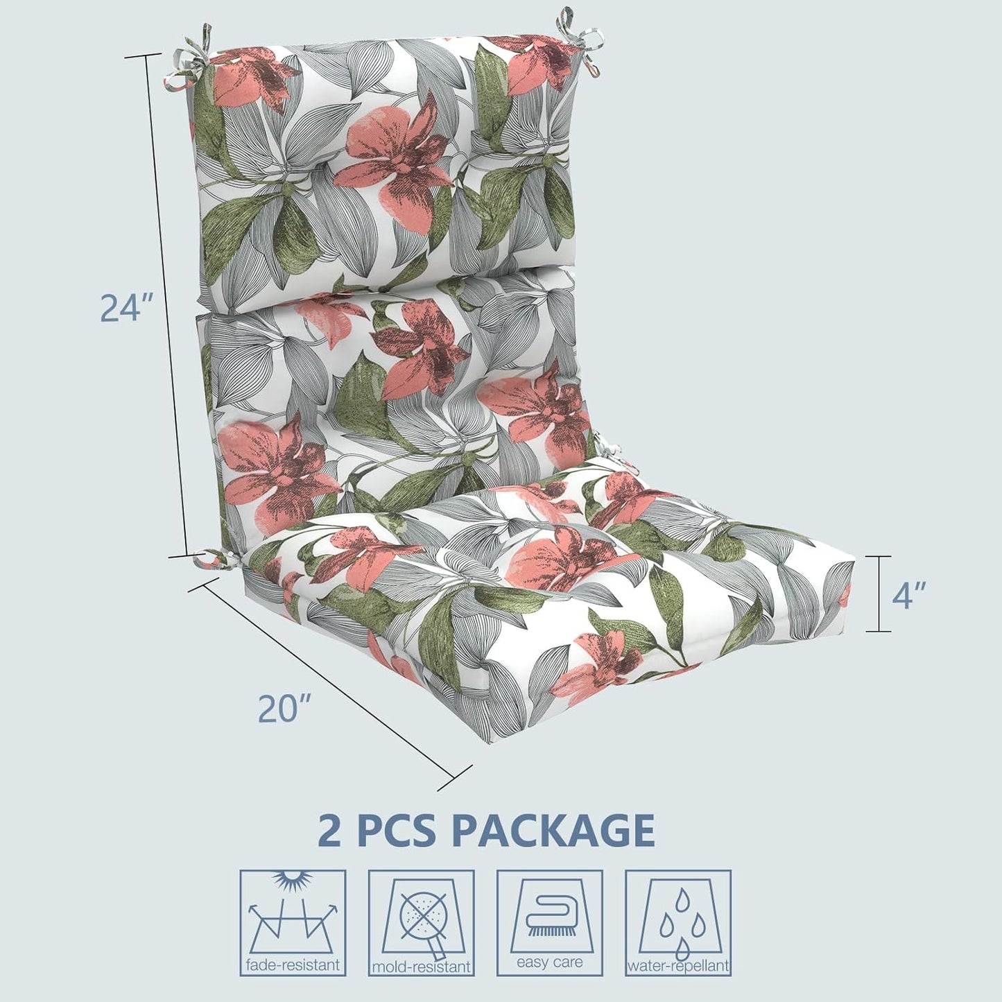 LVTXIII Outdoor Seat/Back Chair Cushion Patio Tufted High Back Cushion, Seasonal Replacement Rocking Chair Cushion with Ties (22” W x 20D”, Set of 2, Clemens Noir Pink)