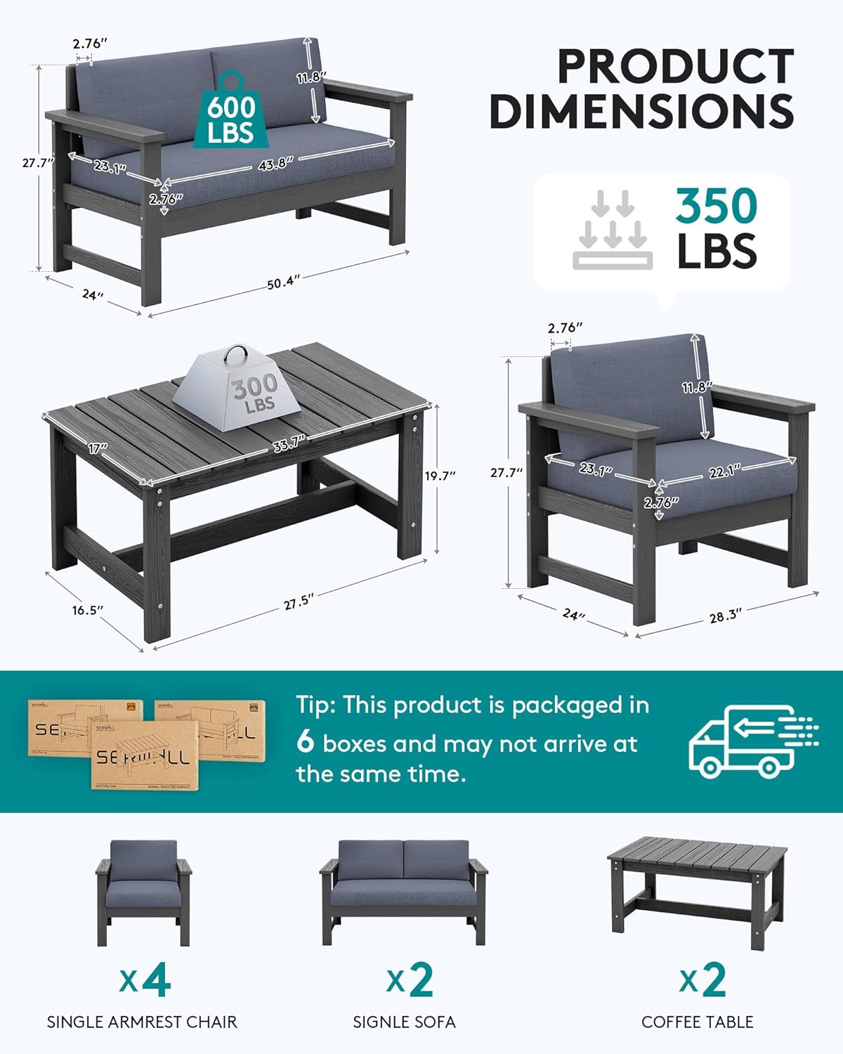 SERWALL 8 Pieces HDPE Outdoor Conversation Sofa Set with Cushions, All Weather Use Couch Loveseat Furniture Set with Pads, Outdoor Social Sofa Coffee Table Set, Grey Frame with Grey Cushions