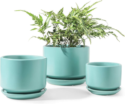 LE TAUCI Ceramic Plant Pots, 4.3+5.3+6.8 inch, Set of 3, Planters with Drainage Hole and Saucer, Indoor Flower Pot with Hole Mesh Pad, Gifts for Mom, Aqua