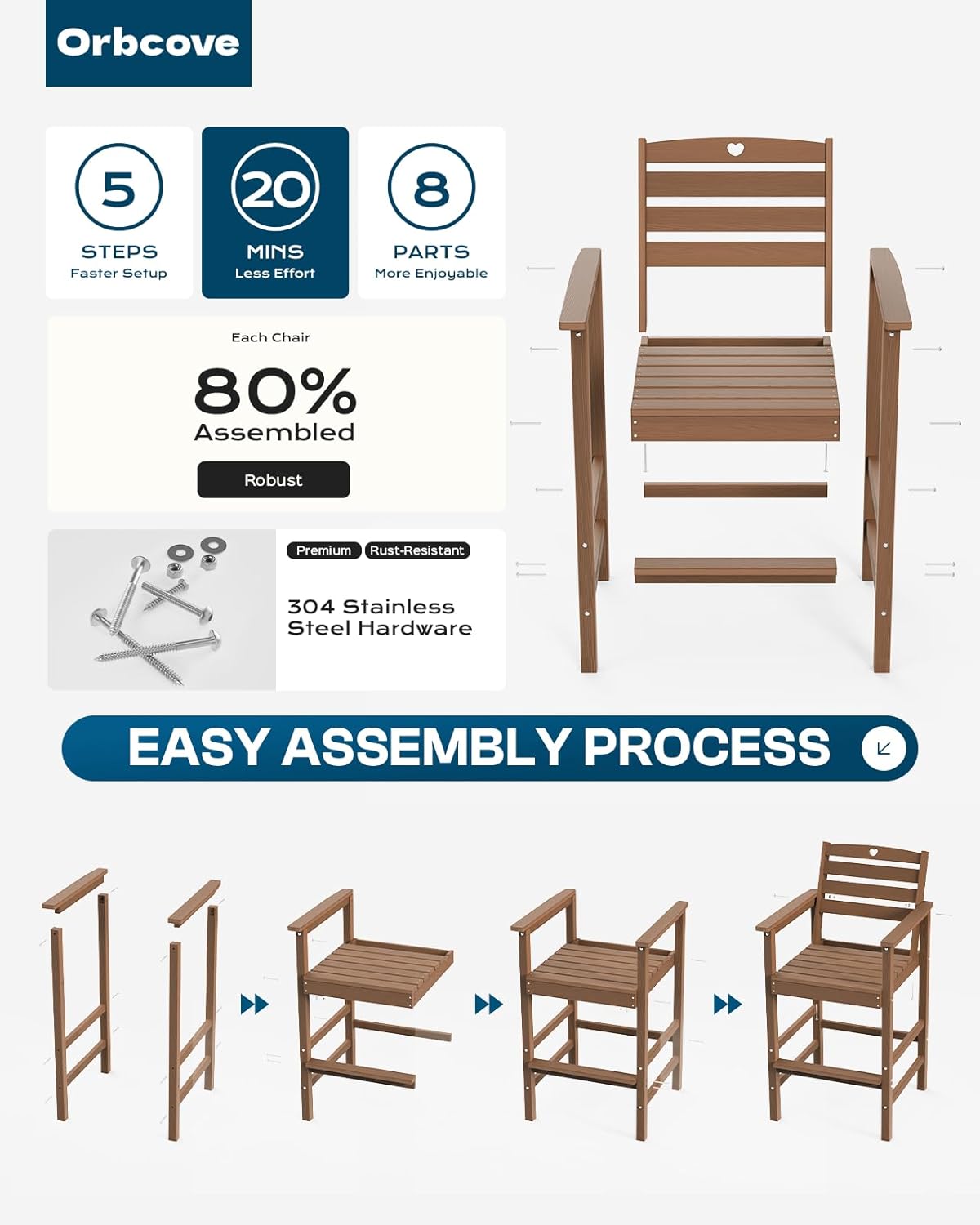 Tall Adirondack Chairs Set of 4, HDPE Wood Balcony Adirondack Chairs Set with Heart Cutout Design, Weather-Resistant Bar Height Furniture for Deck, Porch, Pool (Teak)
