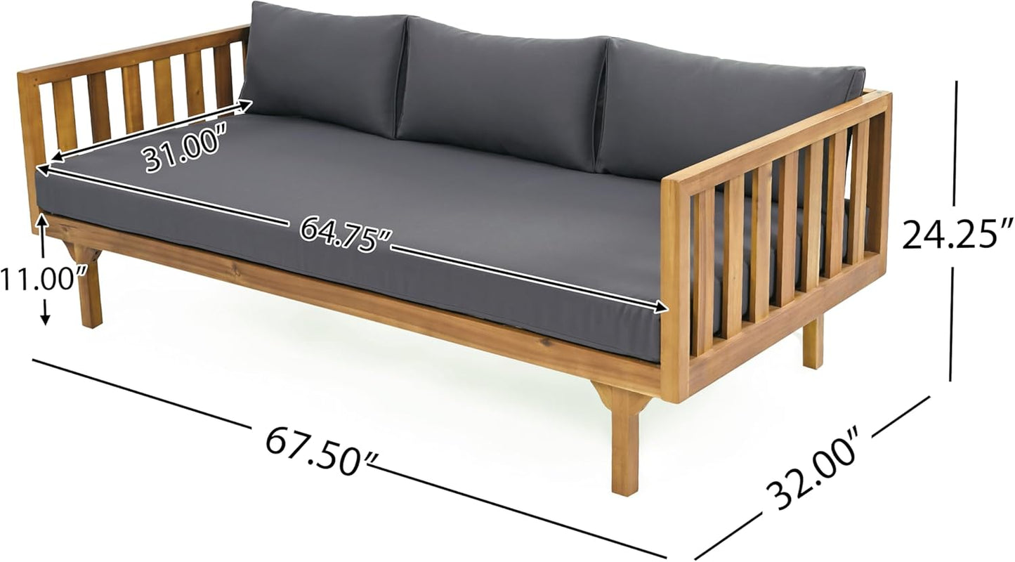 Christopher Knight Home Claremont Outdoor 3 Seater Acacia Wood Daybed with Fabric Water Resistant and Removable Cushions, Patio Garden Sofa with Slat Paneling Armrest and Back, Teak and Dark Grey