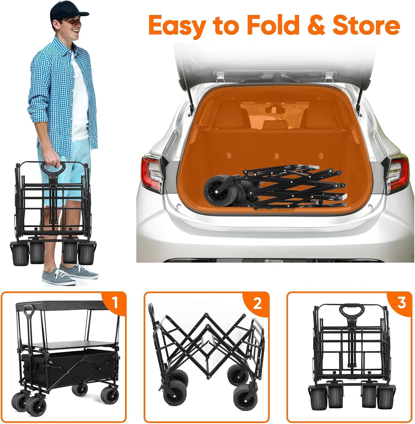 Collapsible Wagon with Table and Canopy, Large Capacity Wagons Carts, Beach Wagon with Big Wheels, Heavy Duty Beach Car Utility Wagon for Outdoor Park, Shopping, Sports, Camping, Garden