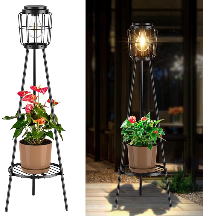 Solar Lights Outdoor with LED Edison Bulbs, Solar Floor Lamp with Plant Stands for Garden Yard Pathway Driveway Front/Back Porch Decoration