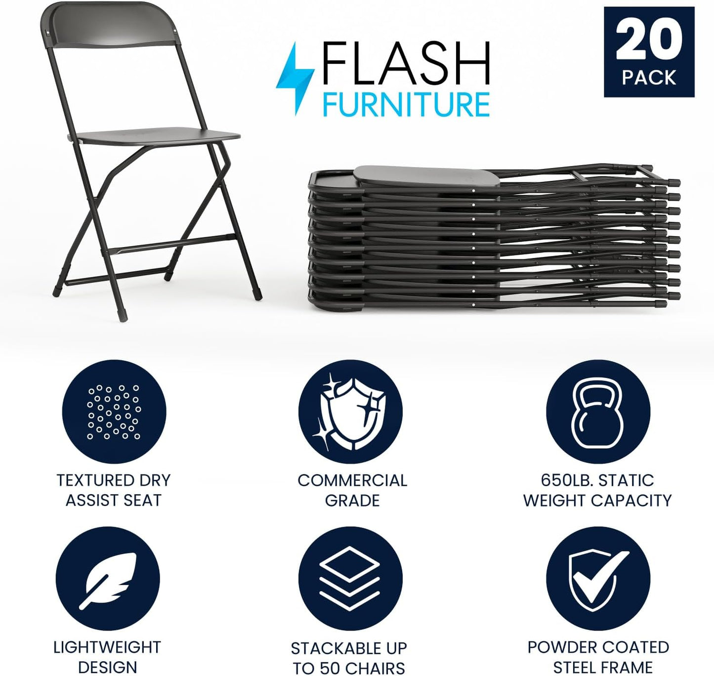 Flash Furniture Hercules Series Plastic Folding Chair - Black - 20 Pack 650LB Weight Capacity Comfortable Event Chair-Lightweight Folding Chair